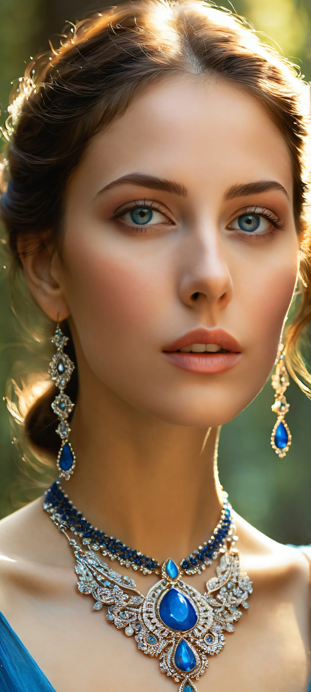 A captivating portrait of a maiden with brown hair and blue eyes on an iPhone or Android device, surrounded by a serene forest backdrop.