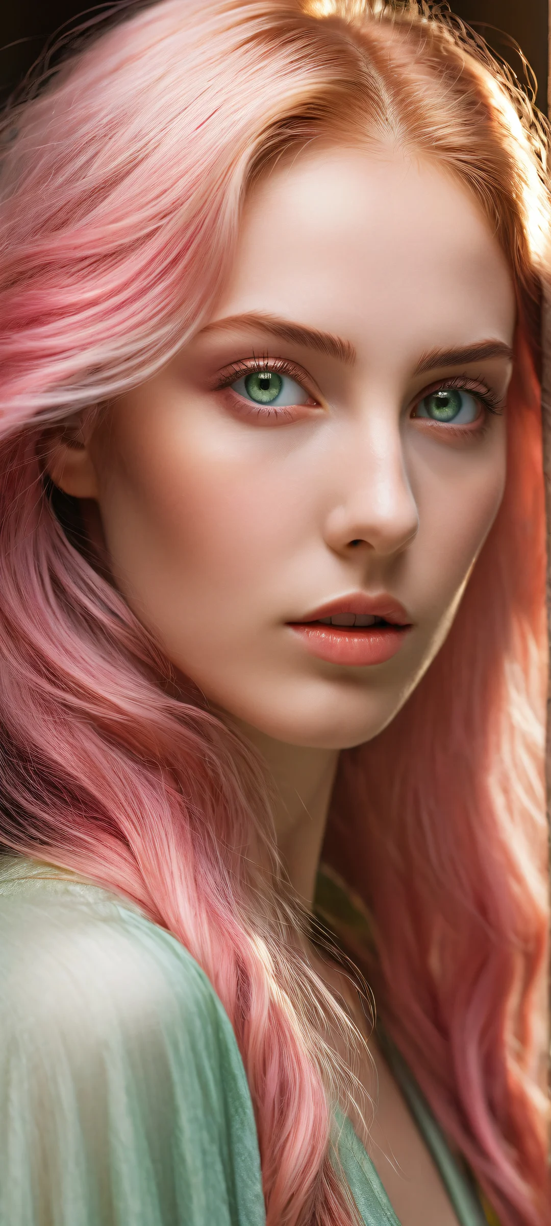 A beautiful maiden with flowing pink locks and piercing green eyes, iPhone/Androidのホーム画面に完全に最適化.