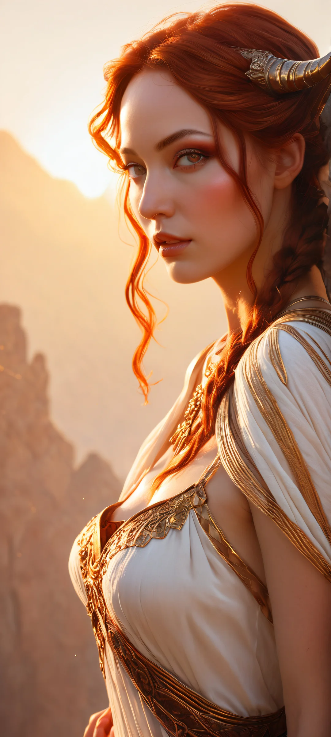 A stunning portrait of a lone maiden with striking horns and flowing brown locks, perfectly optimized for iPhone/Android home screens.