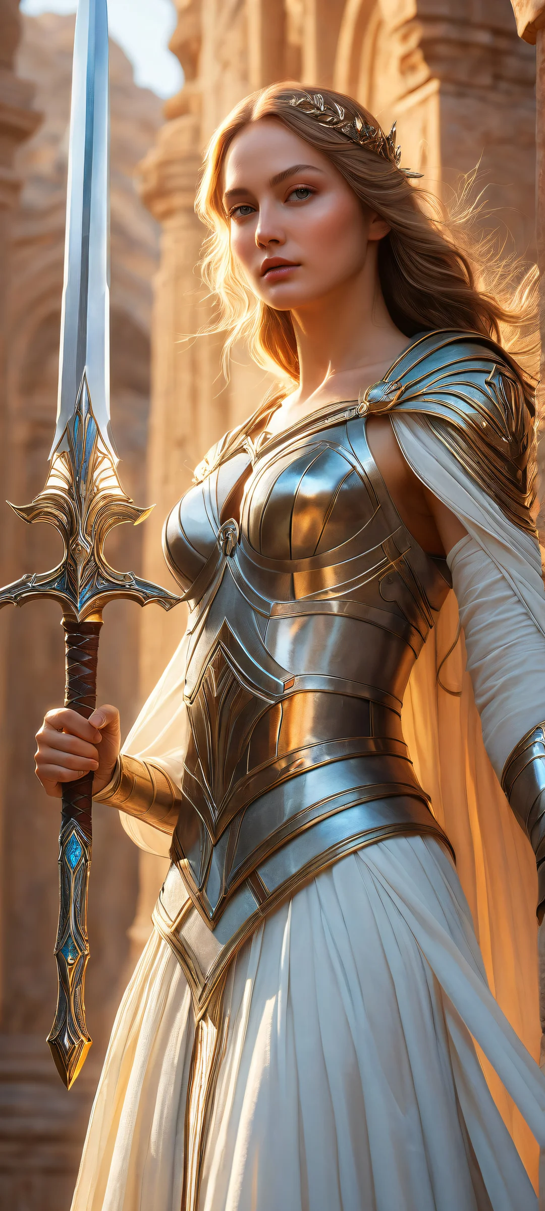 Ivory-skinned maidens wielding glowing swords on an iPhone or Android device, surrounded by a serene outdoors environment.