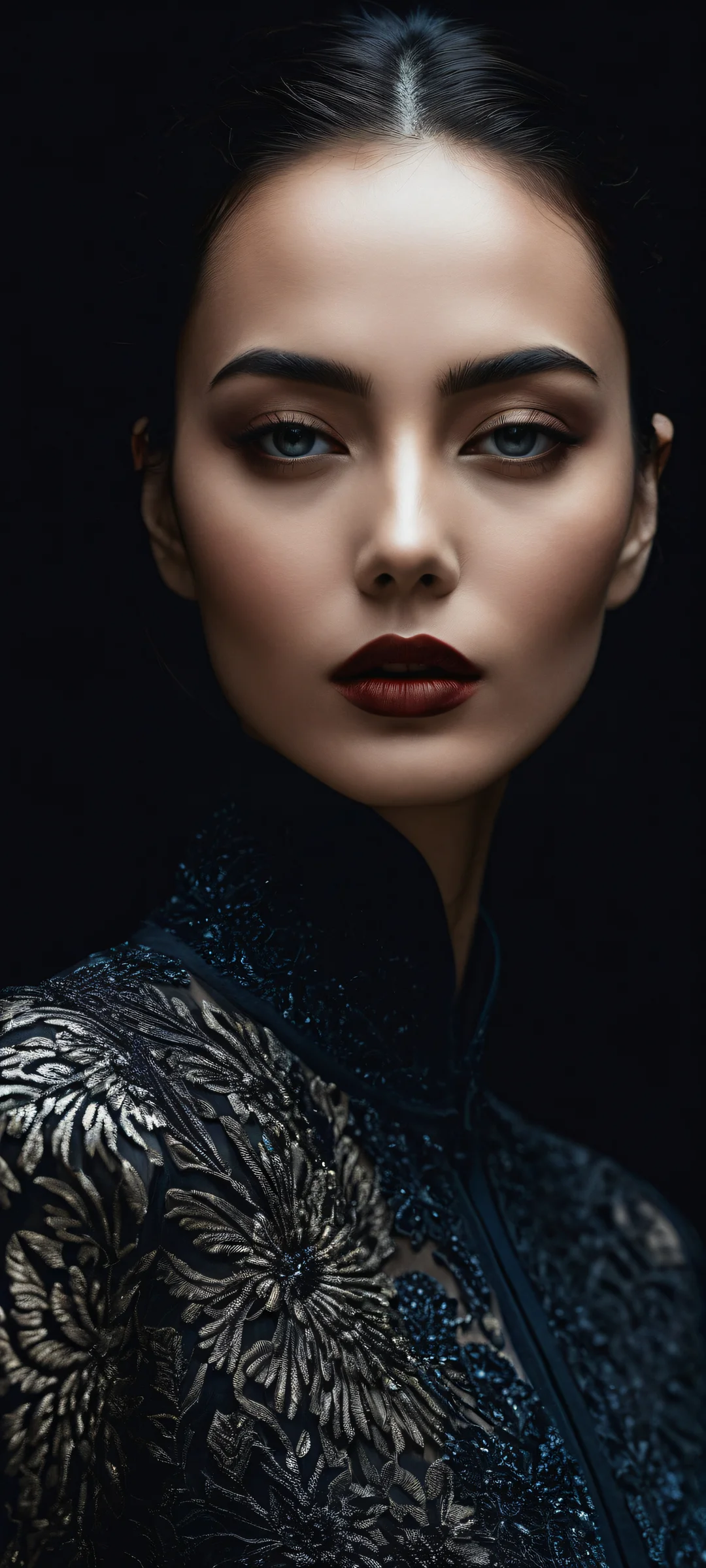 A woman's portrait in a sleek dark mode aesthetic with deep perfect blacks and striking contrast, perfectly clean and smooth top half for UI, iPhone/Androïde.
