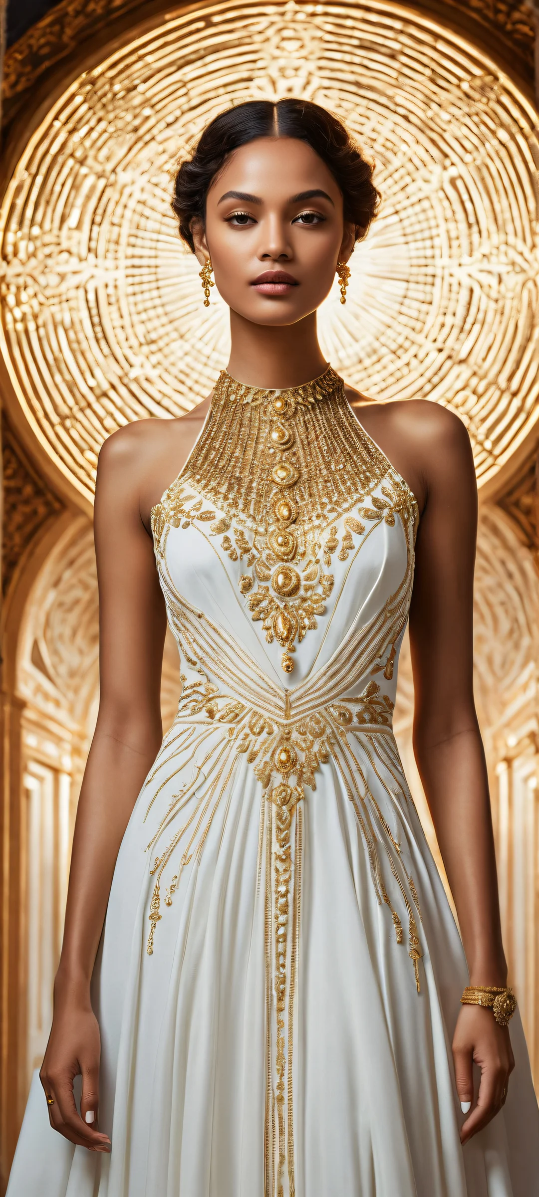 A prestigious woman in an all-white dress surrounded by cosmic wonders, parfaitement optimisé pour les écrans d'accueil iPhone et Android.