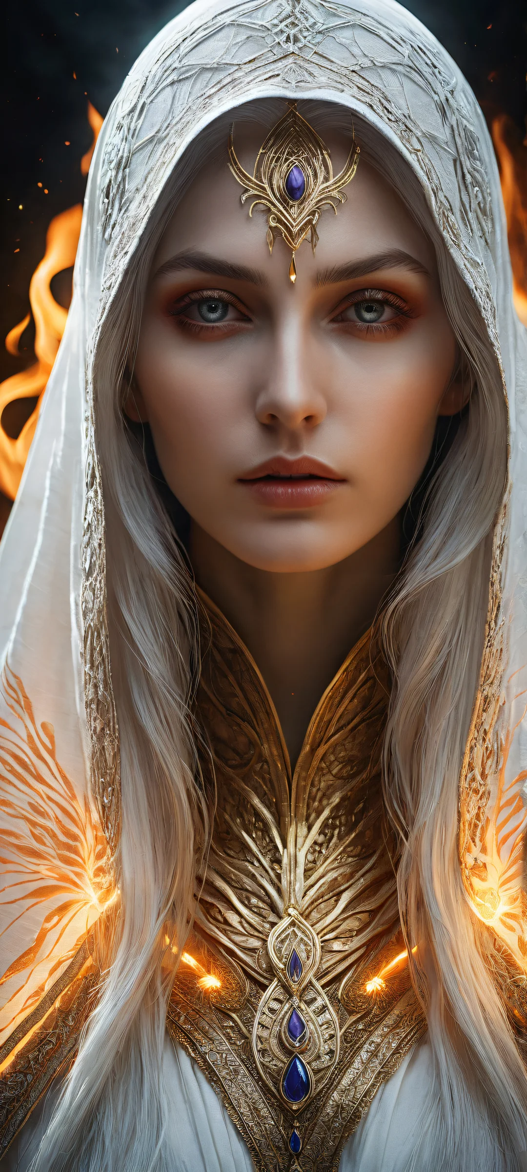 Majestic woman in a mask and robes against a dark background on an iPhone or Android device, with intricate details and ethereal lighting.