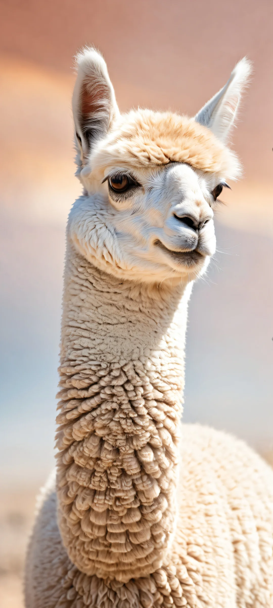 A majestic alpaca placed on a vast empty background with incredible micro-details and patterns, perfectly optimized for iPhone/Android home screens.