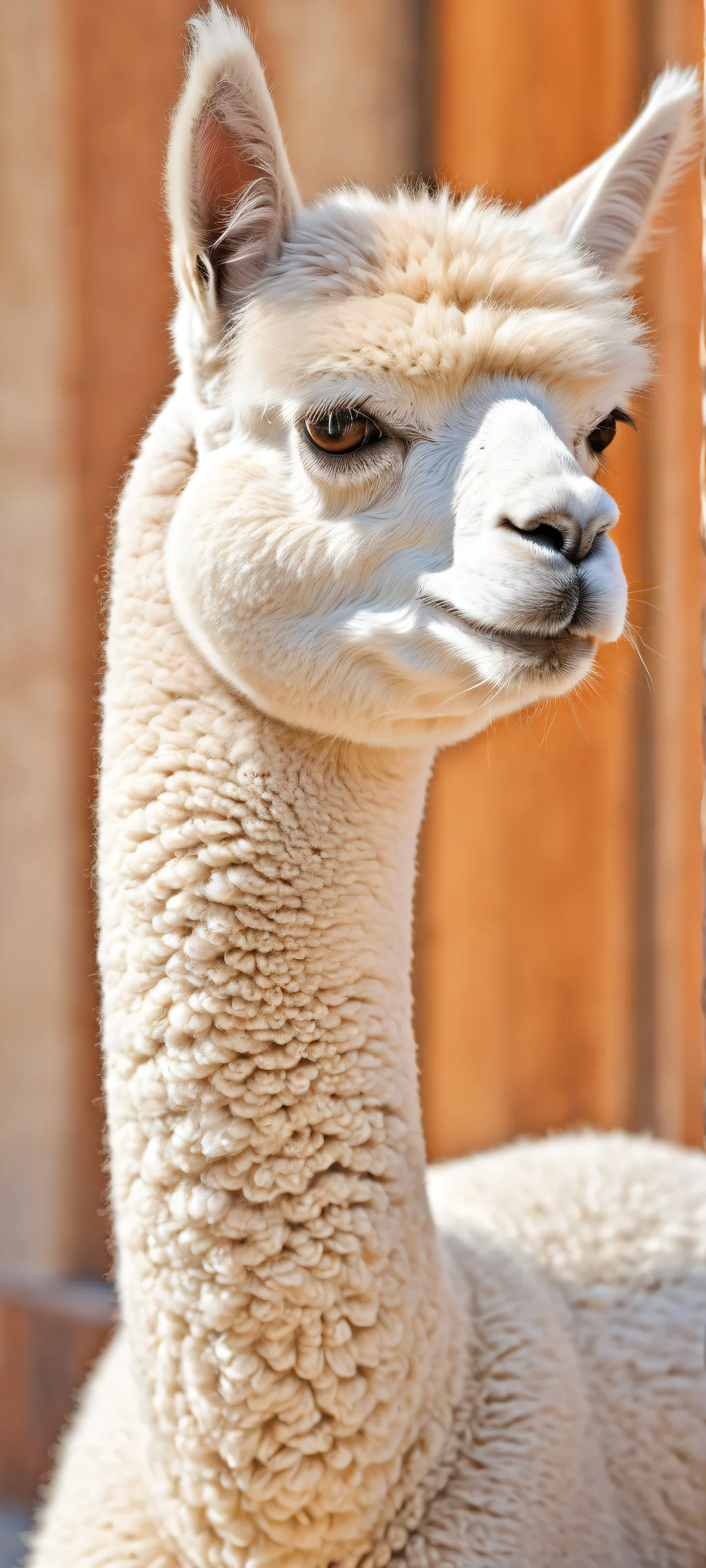 Breathtaking alpaca portrait with intricate fleece pattern on a clean and pure void background, perfekt optimiert für das iPhone, Samsung Galaxy, und Android-Startbildschirme.