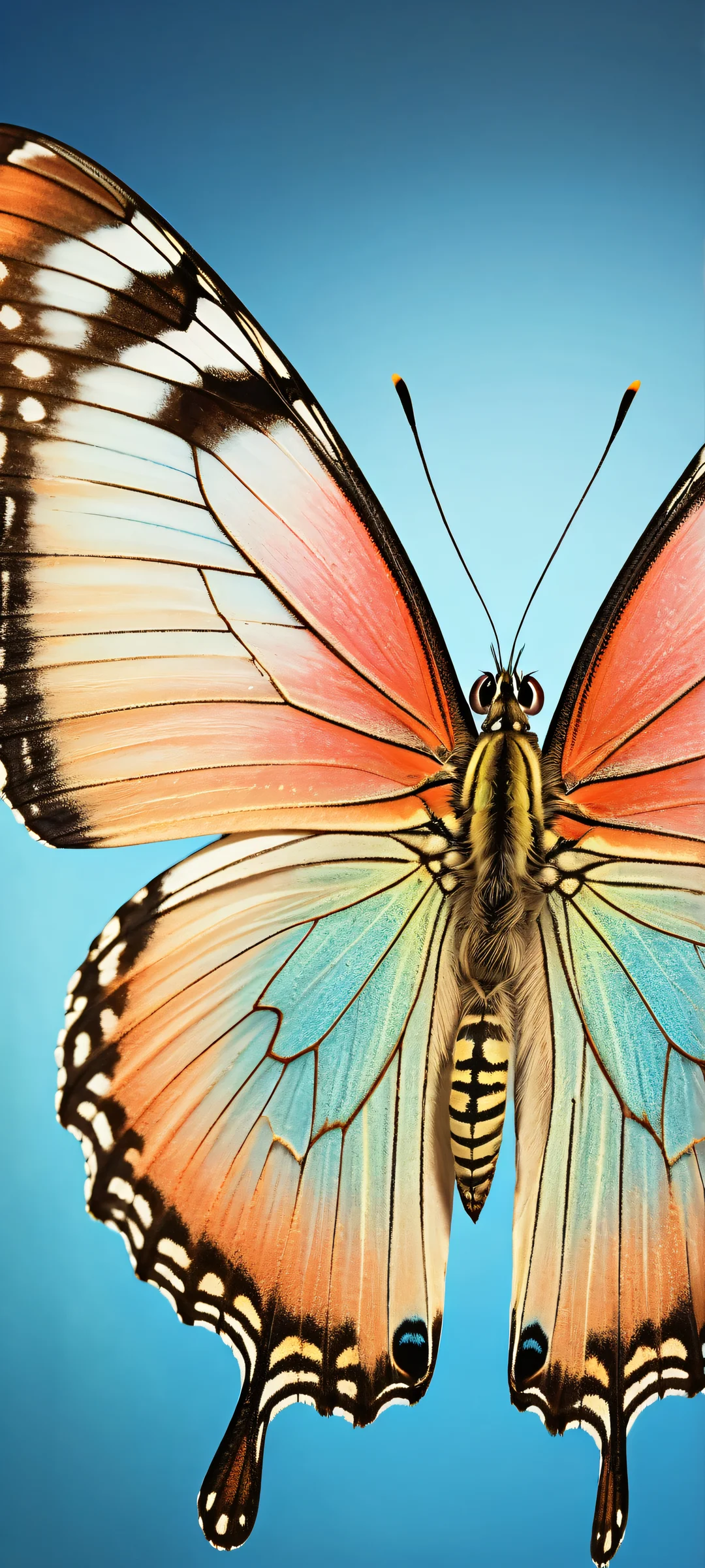 A majestic butterfly perched on a gradient background with iPhone/Android in sight