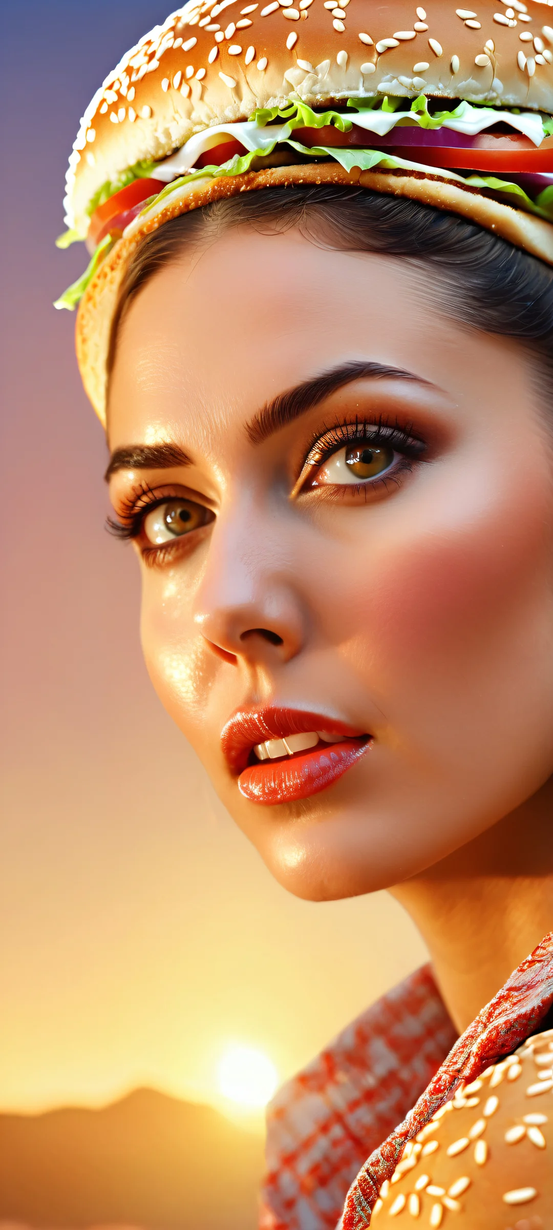 A stunning portrait of a hamburger woman on an iPhone or Android device, with intricate details and textures.