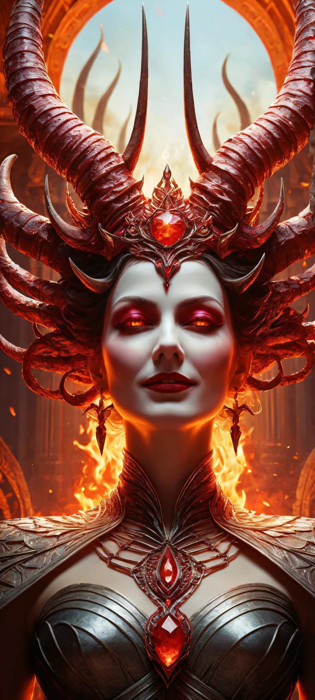 Breathtaking portrait of The Horned Queen on iPhone/Android with insane micro-details, ethereal lighting, and stunning visual impact.
