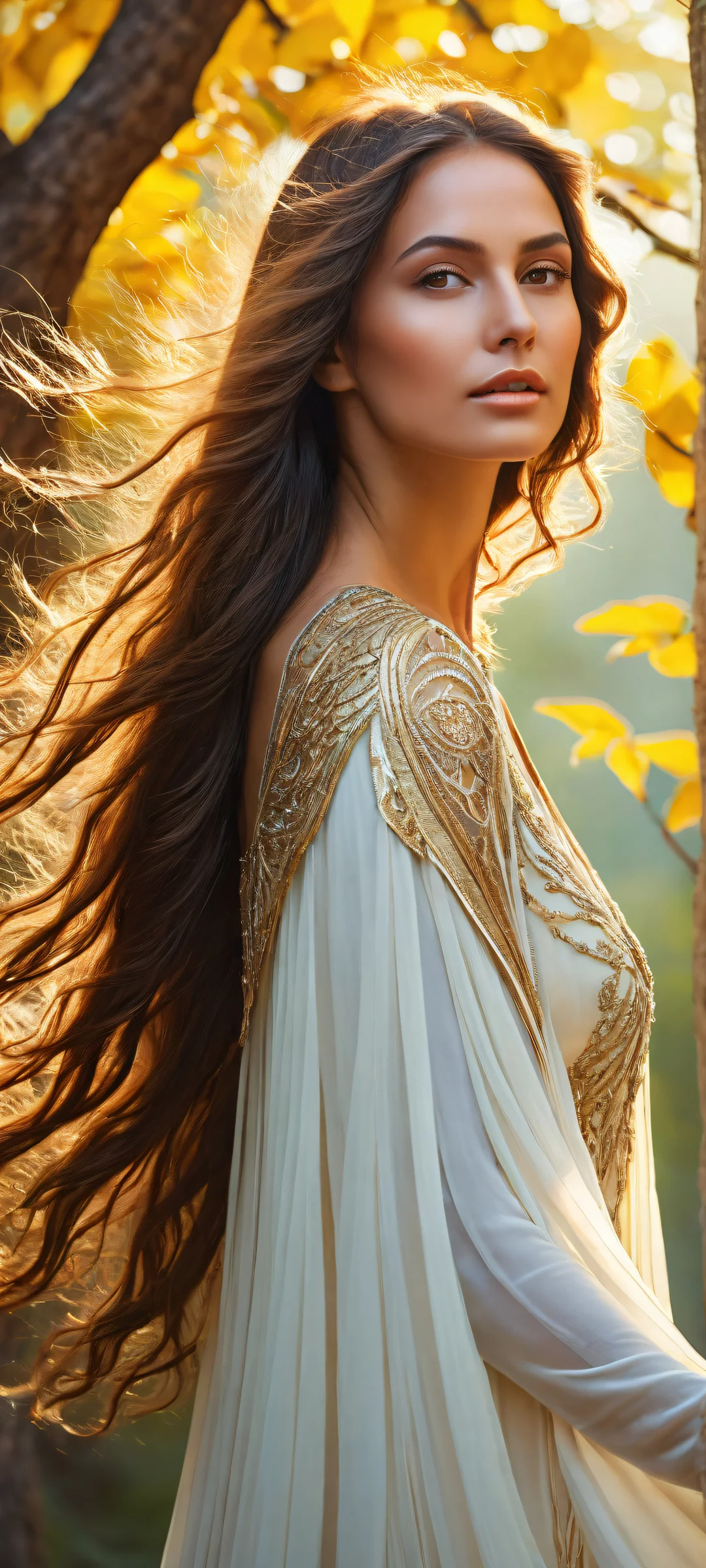 A majestic woman with long hair placed in the lower-middle of a fantastical outdoor environment, Perfectamente optimizado para pantallas de inicio de iPhone y Android..