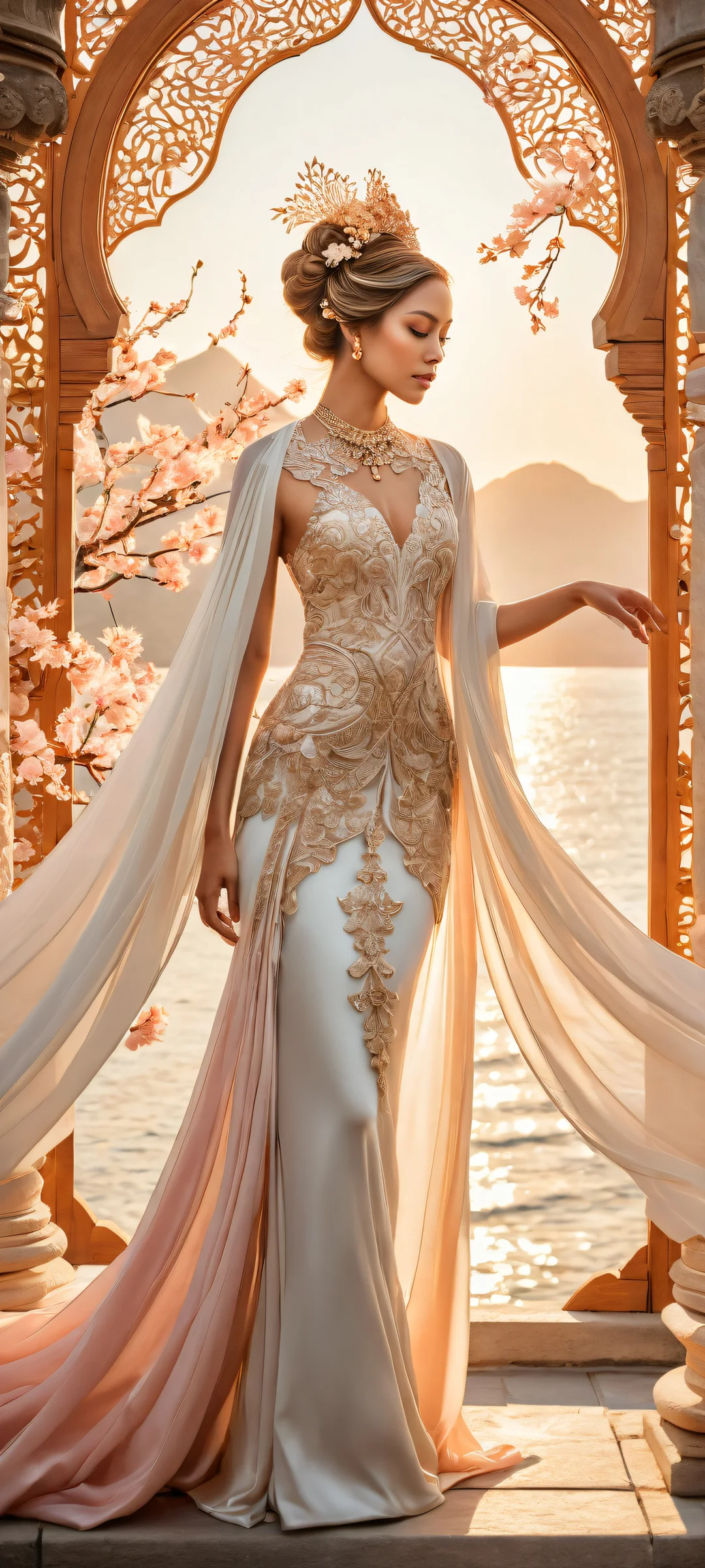 A regal figure surrounded by intricate stone lantern filigree and kanzashi ornaments on an iPhone or Android device, with soft blush gradients complementing amber eyes.