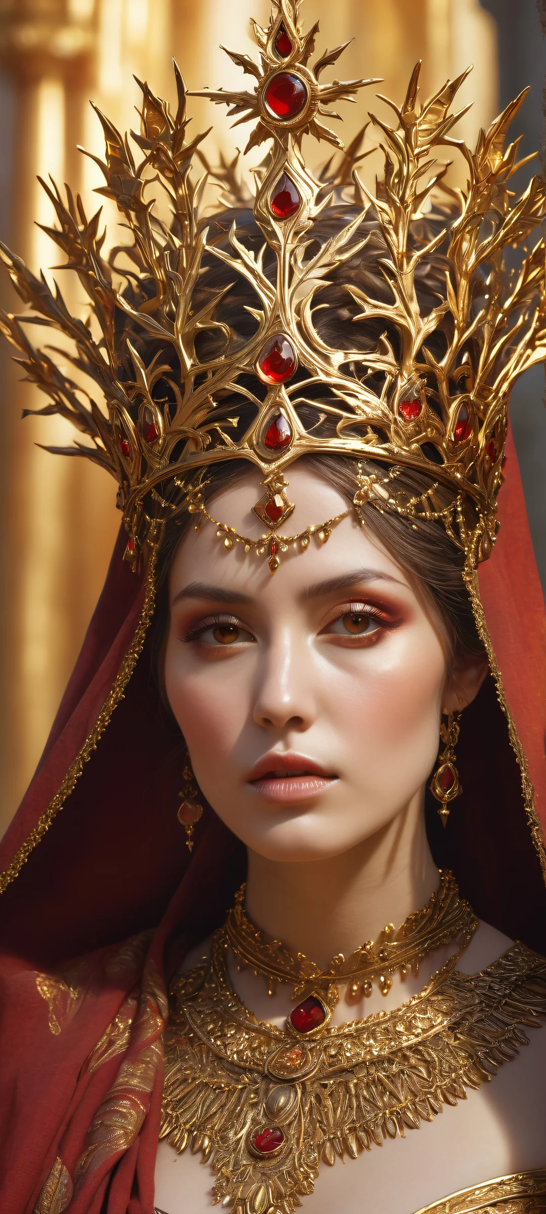 A breathtaking portrait of a central figure in a golden crown and tattered robes, with intricate micro-details and ethereal lighting. Perfect for iPhone and Android home screens.