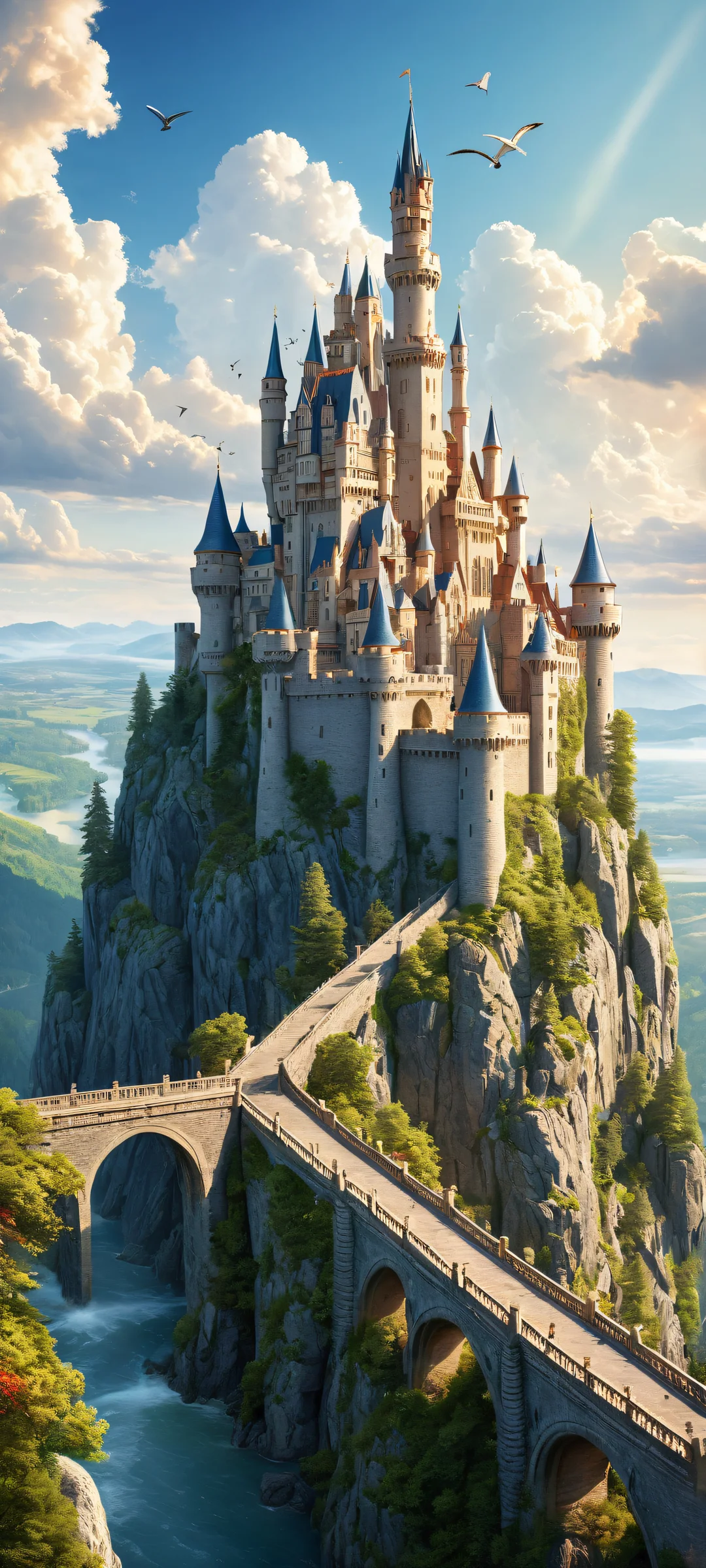 Majestic castle on a serene landscape with iPhone/Android in the distance, perfect for mobile backgrounds.