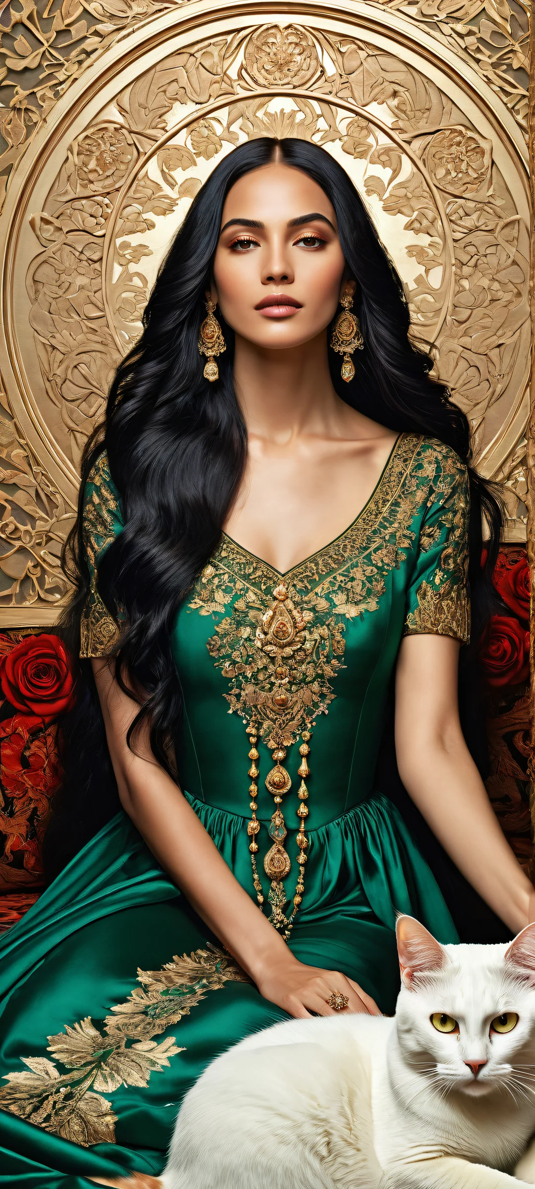 A regal woman with long black hair surrounded by roses and cats, perfekt optimiert für iPhone/Android-Startbildschirme.