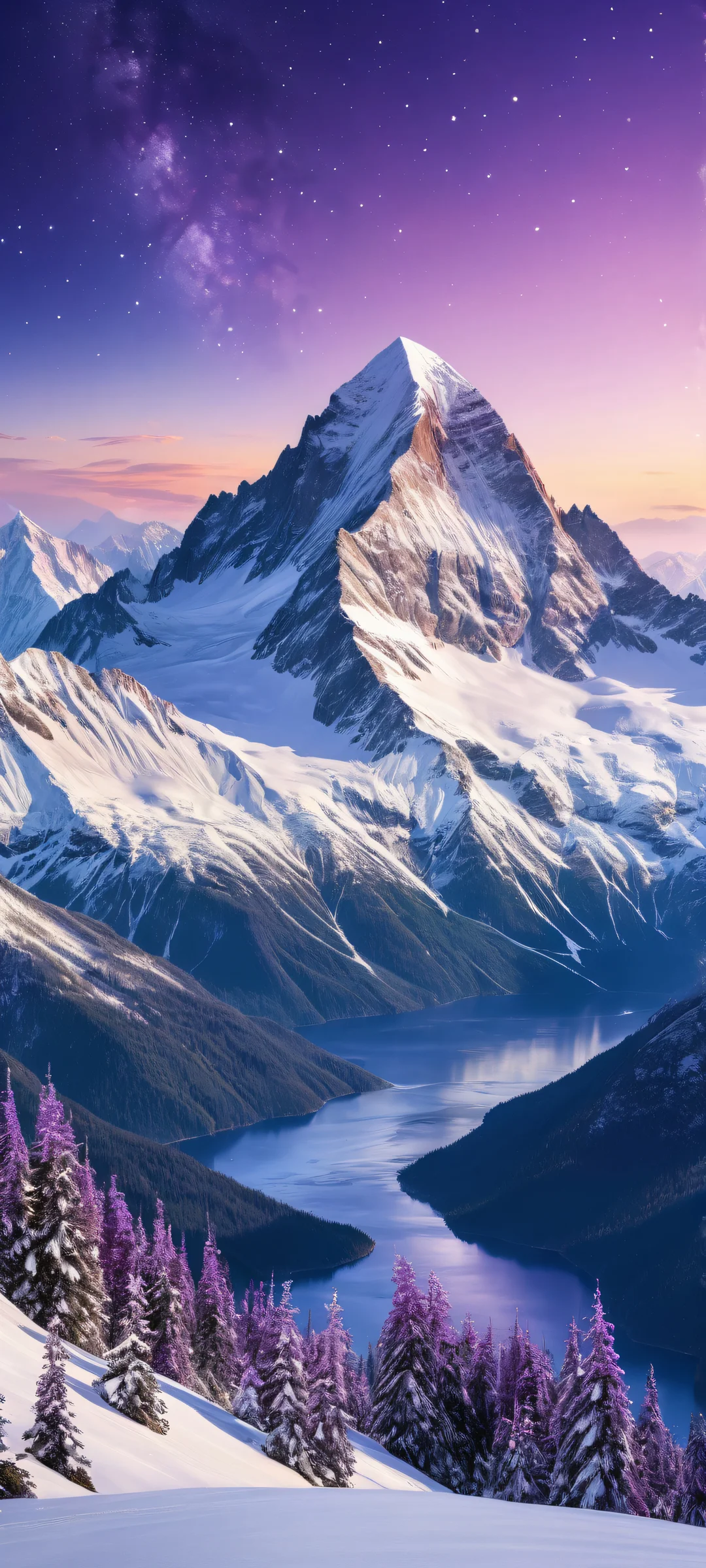 Breathtaking digital art of a majestic mountain range on iPhone/Android, with radiant purple hues and stunning visual impact.