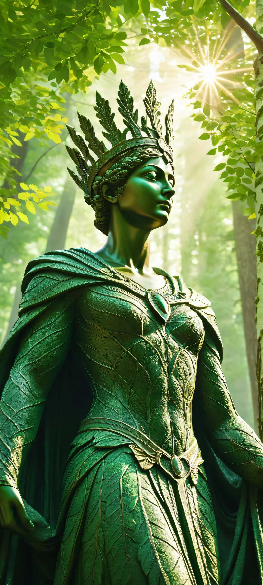Majestic tree statue surrounded by a lush forest on iPhone/Android home screens.