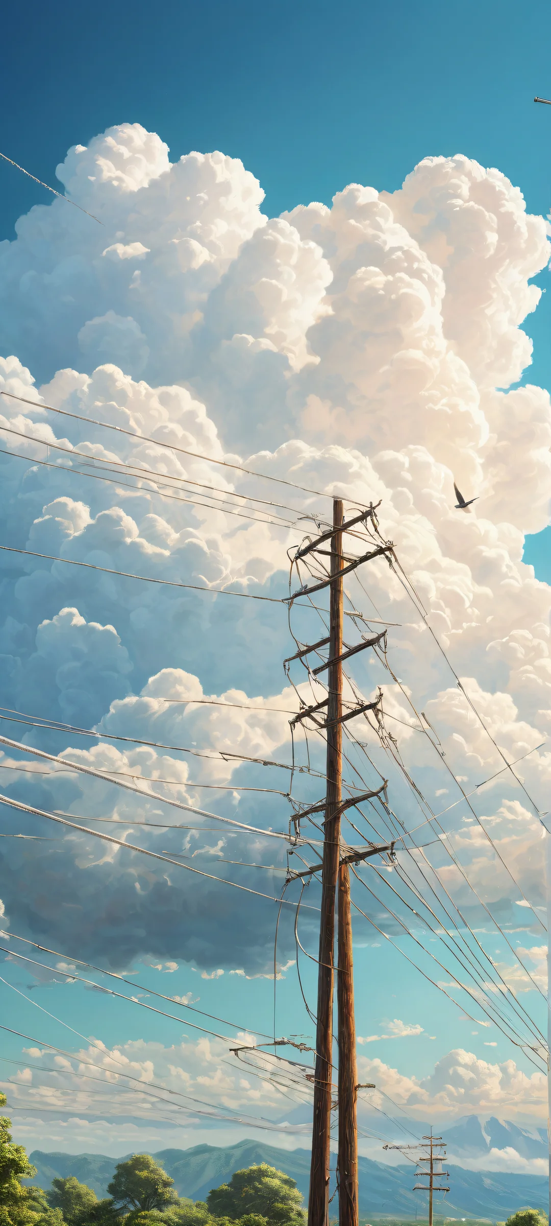 Majestic birds perched on utility pole amidst serene cloudscape with iPhone/Android in focus