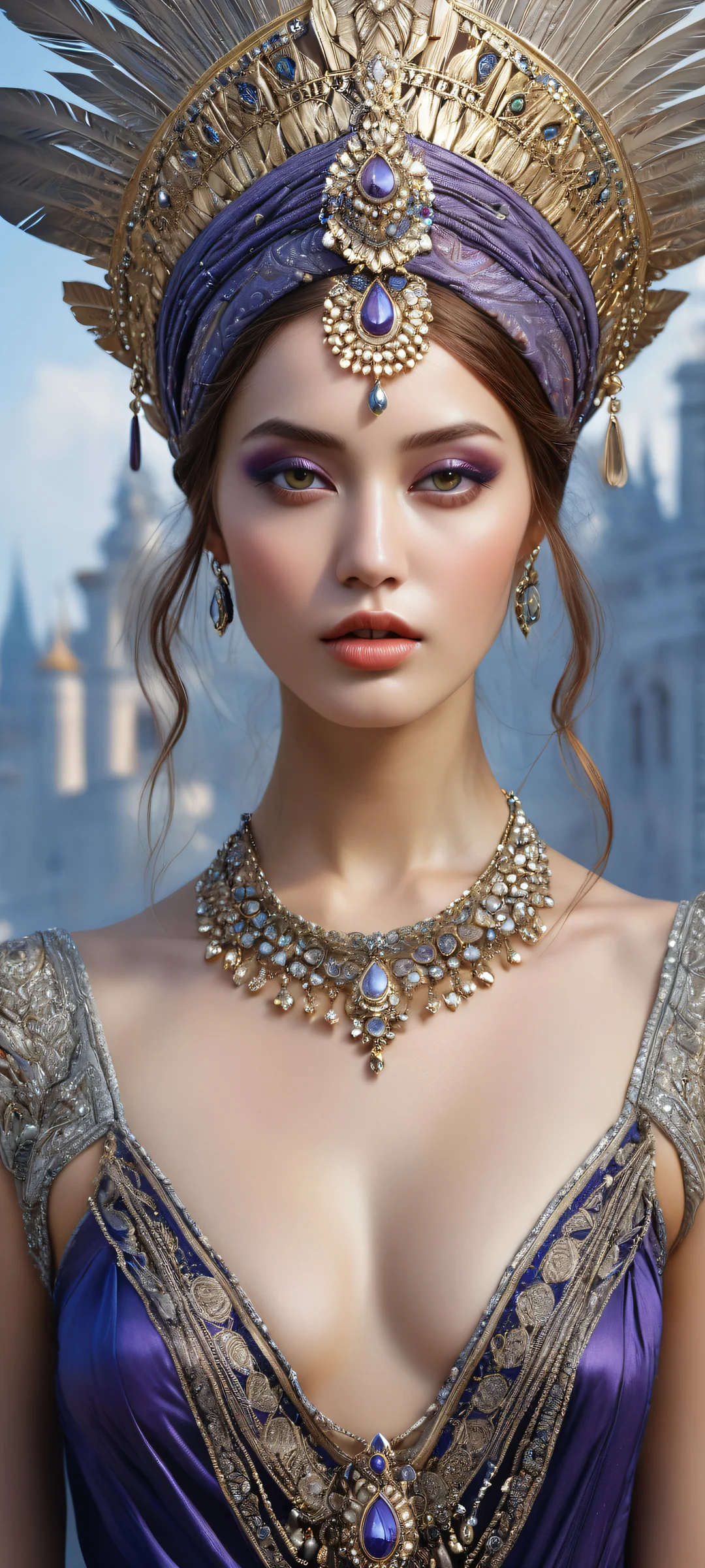 A majestic woman with regal headdress and ornate jewelry, perfekt optimiert für iPhone- und Android-Startbildschirme.