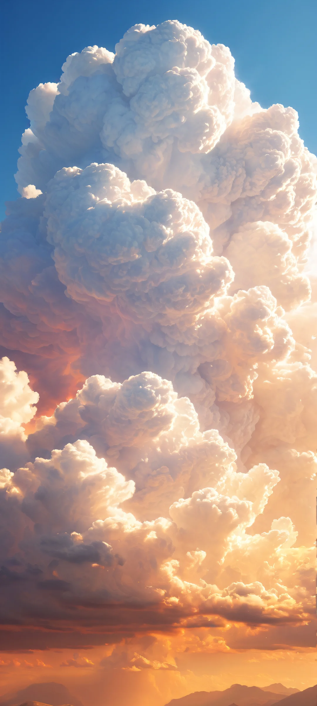 Majestic cloud formation with intricate micro-details on iPhone/Android, ethereal sunlight pouring in from the top