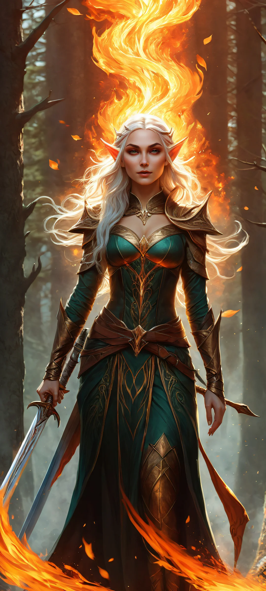 Ethereal Majesty 2K QHD Home Screen A majestic elf girl stands amidst a swirling vortex of fire, perfectly clean and empty top half with vast pure void, seamlessly transitioning to a dense forest at the bottom half. Ideal for iPhone/Android home screens.