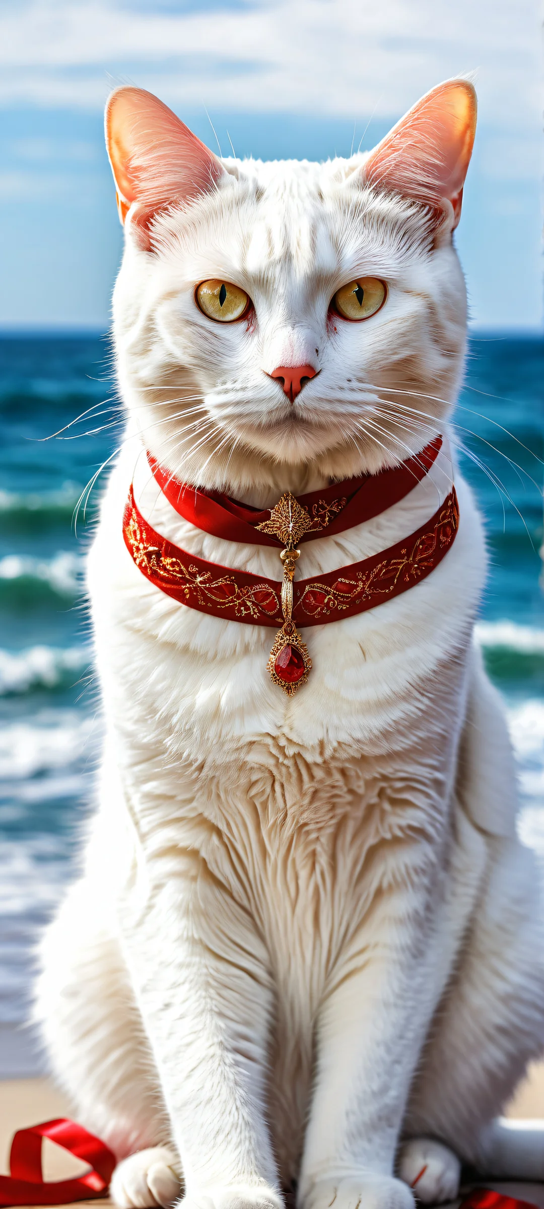 A majestic cat sitting with intricate micro-details on a serene oceanic backdrop with an 8k resolution beauty gazing at the viewer, perfecto para pantallas de inicio de iPhone/Android.
