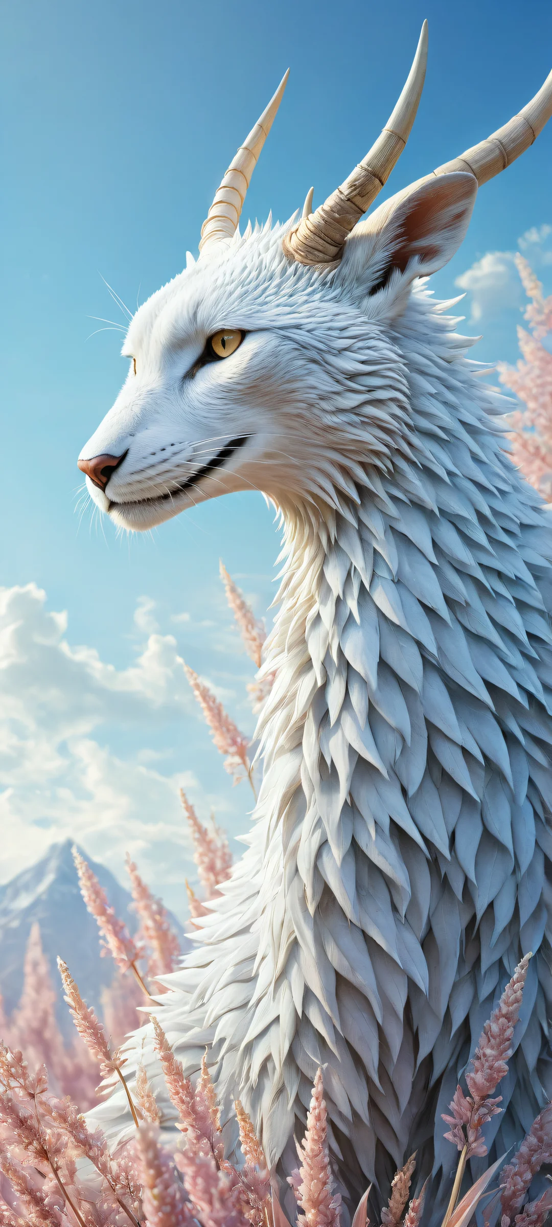 A majestic yalmyu creature on a whimsical landscape, perfekt optimiert für iPhone- und Android-Startbildschirme.