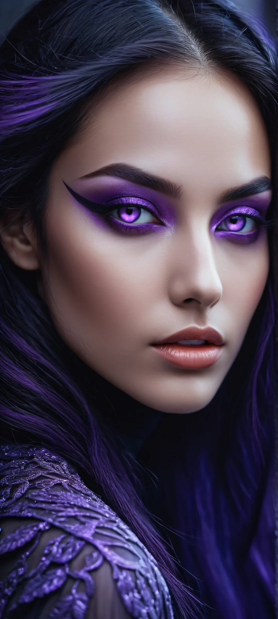 Mystical being with purple eyes and hair gazing at you from a dark void, perfect for iPhone/Android home screens.