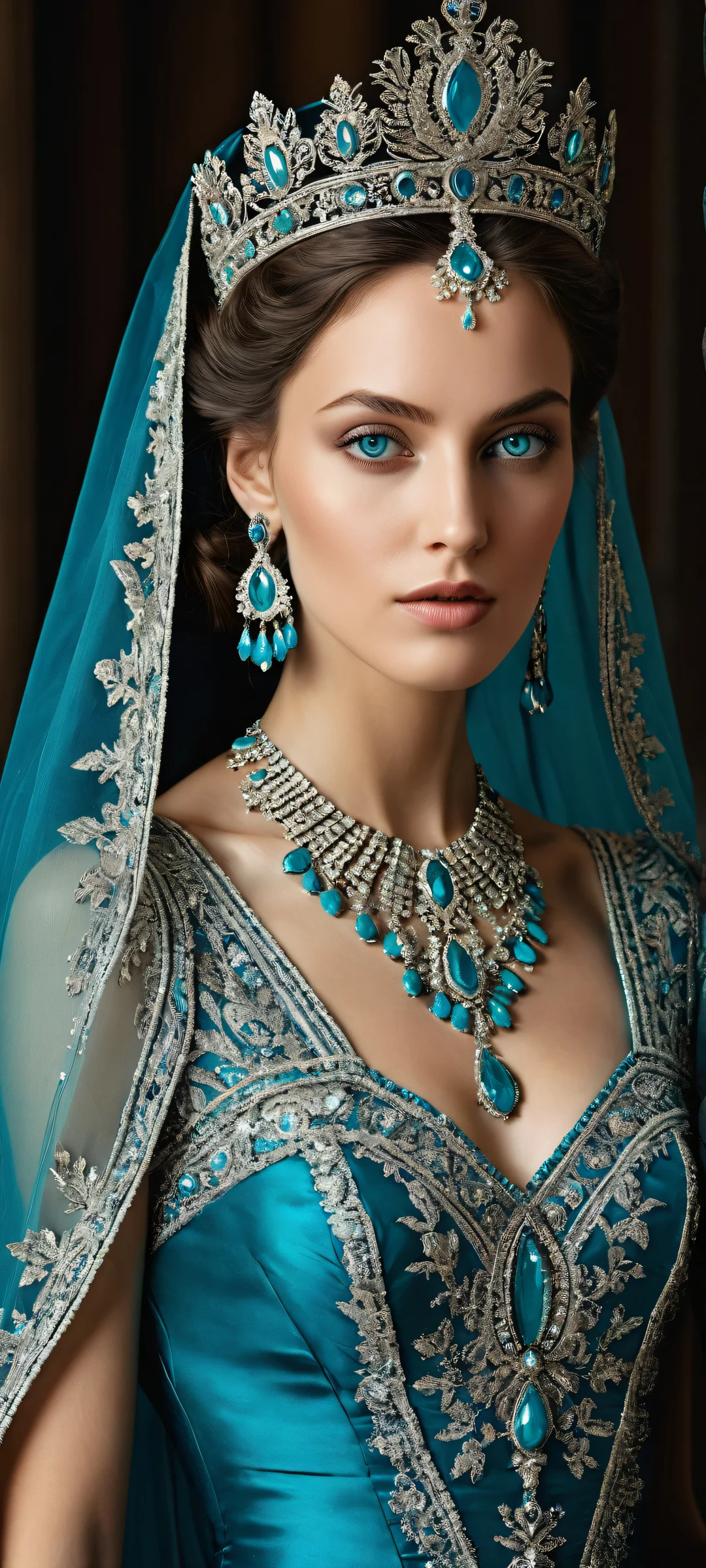 A regal queen with piercing turquoise-blue eyes, surrounded by intricate crown details, on a perfectly clean and empty top half. Perfect for iPhone/Android home screens.