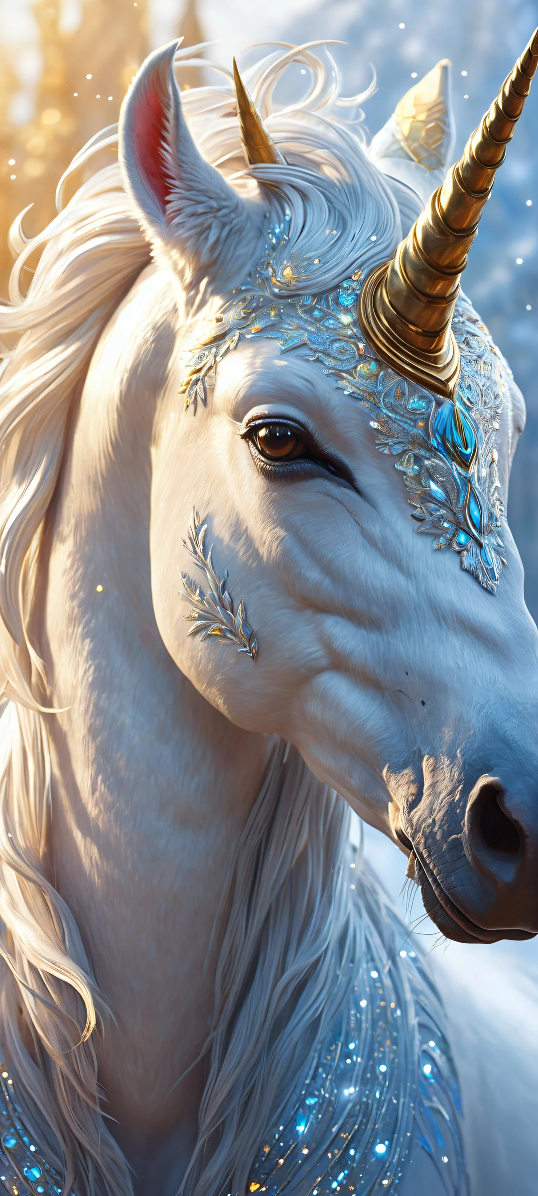 A majestic unicorn placed in the lower-middle, with intricate micro-details of its ethereal mane and horn shining with radiant light. Perfect for iPhone or Android home screens.