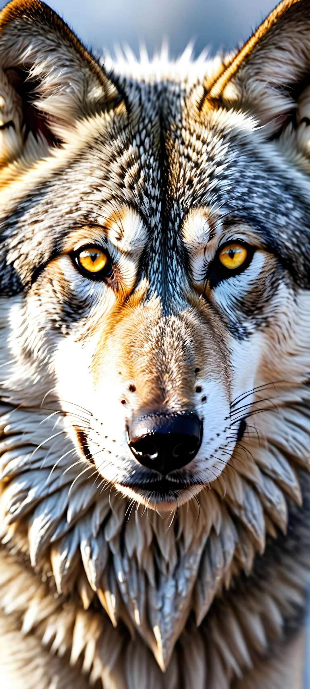 A majestic wolf with silver fur and piercing yellow eyes against a vast pure void, perfectly optimized for iPhone, Samsung Galaxy, and Android home screens.