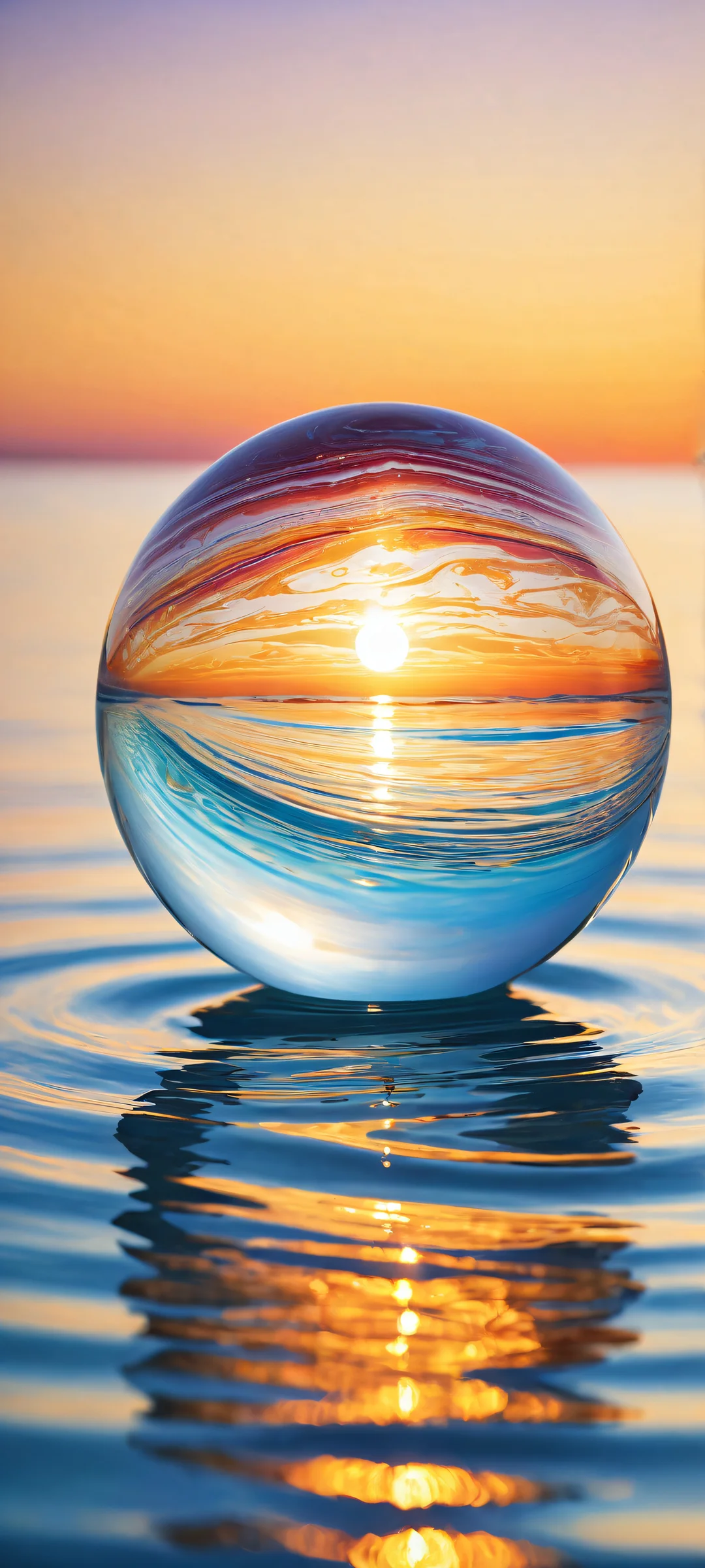 A glass marble falls from a serene sky into the calm waters below. iPhone/Android.