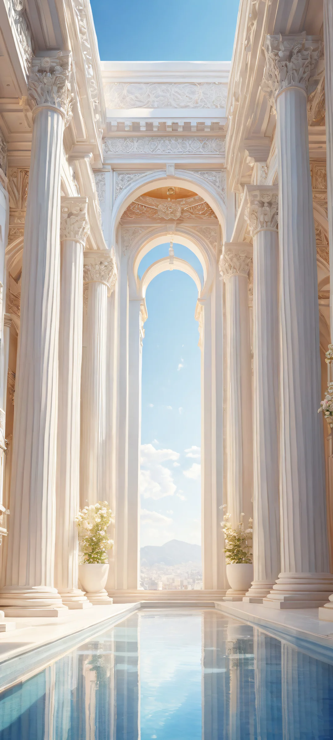 Ethereal Masterpiece 2K QHD Home Screen Beautiful architecture on iPhone/Android with intricate micro-details and ethereal lighting.