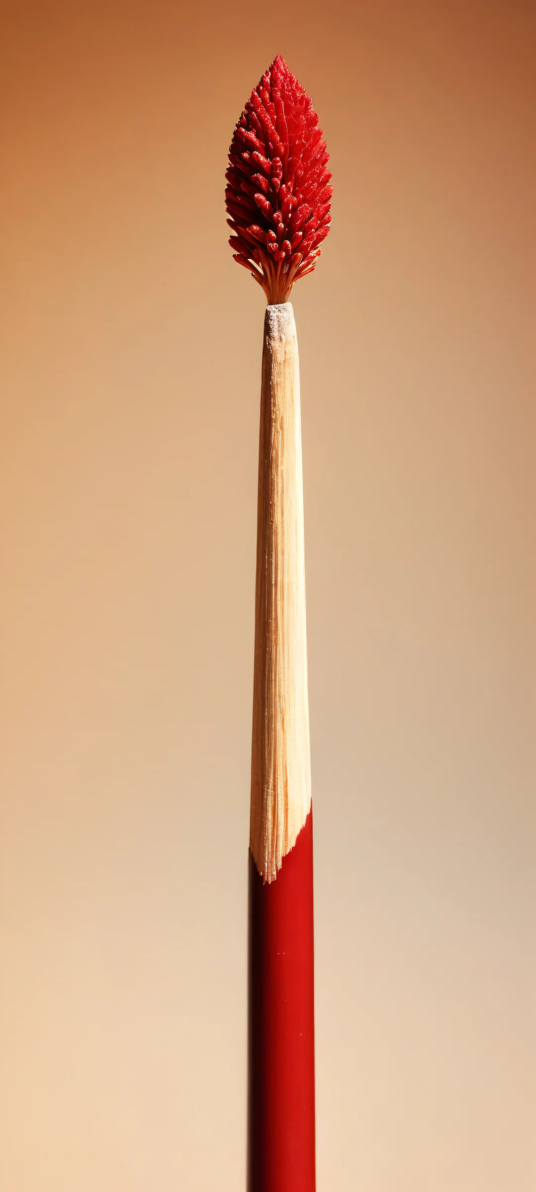 Ethereal Match Portrait iPhone & Samsung QHD Wallpaper A single upright wooden match on a red phosphorus surface with an Earth map print, perfectly optimized for iPhone/Android home screens.