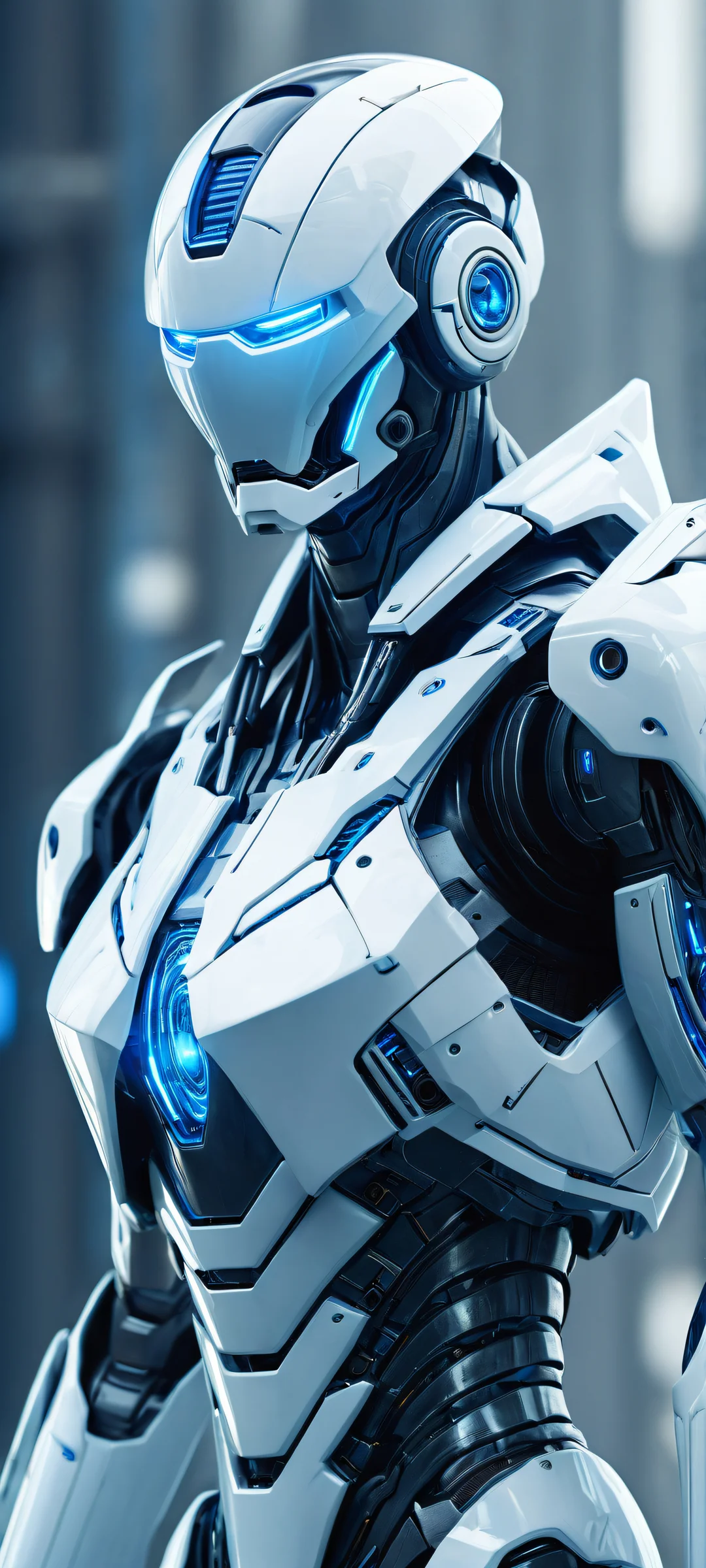 A futuristic mecha on a pure void background with radiant blue hues and ray traced reflections, perfect for iPhone/Android home screens.