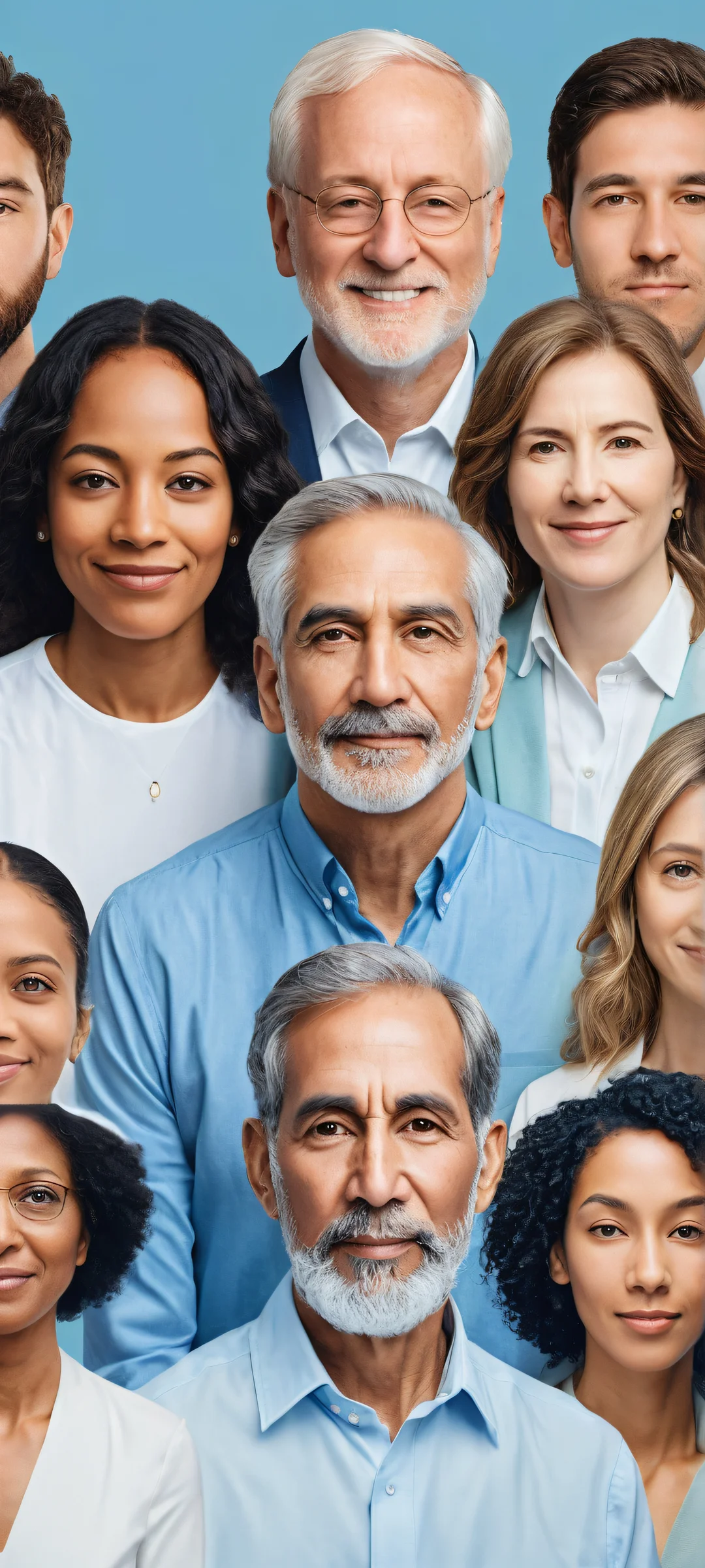 A serene digital artwork featuring diverse faces with intricate details, set against a clean and empty void background, perfekt optimiert für iPhone/Android-Startbildschirme.