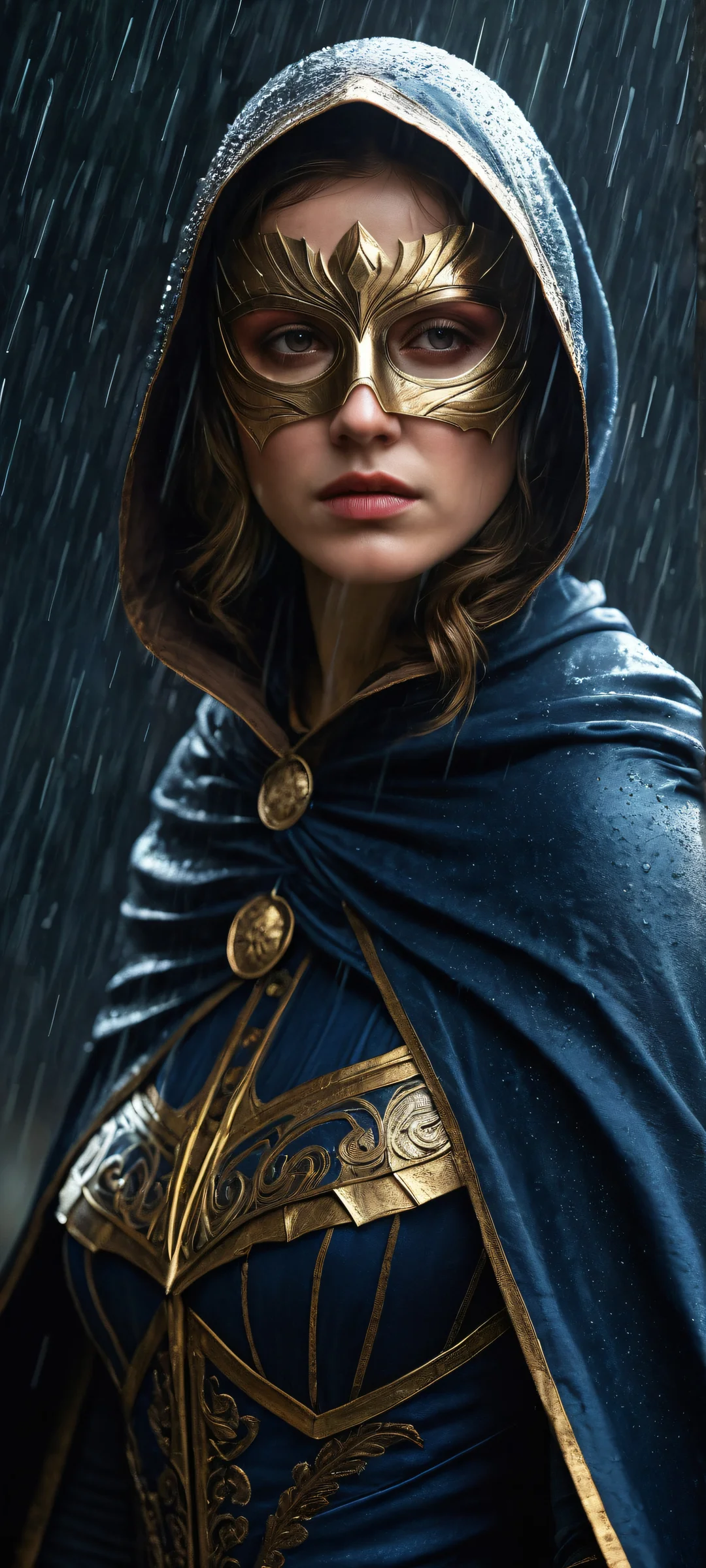 A melancholic masked hero sits amidst rain, with intricate details on her natural breasts and cape, perfekt optimiert für iPhone- und Android-Startbildschirme.