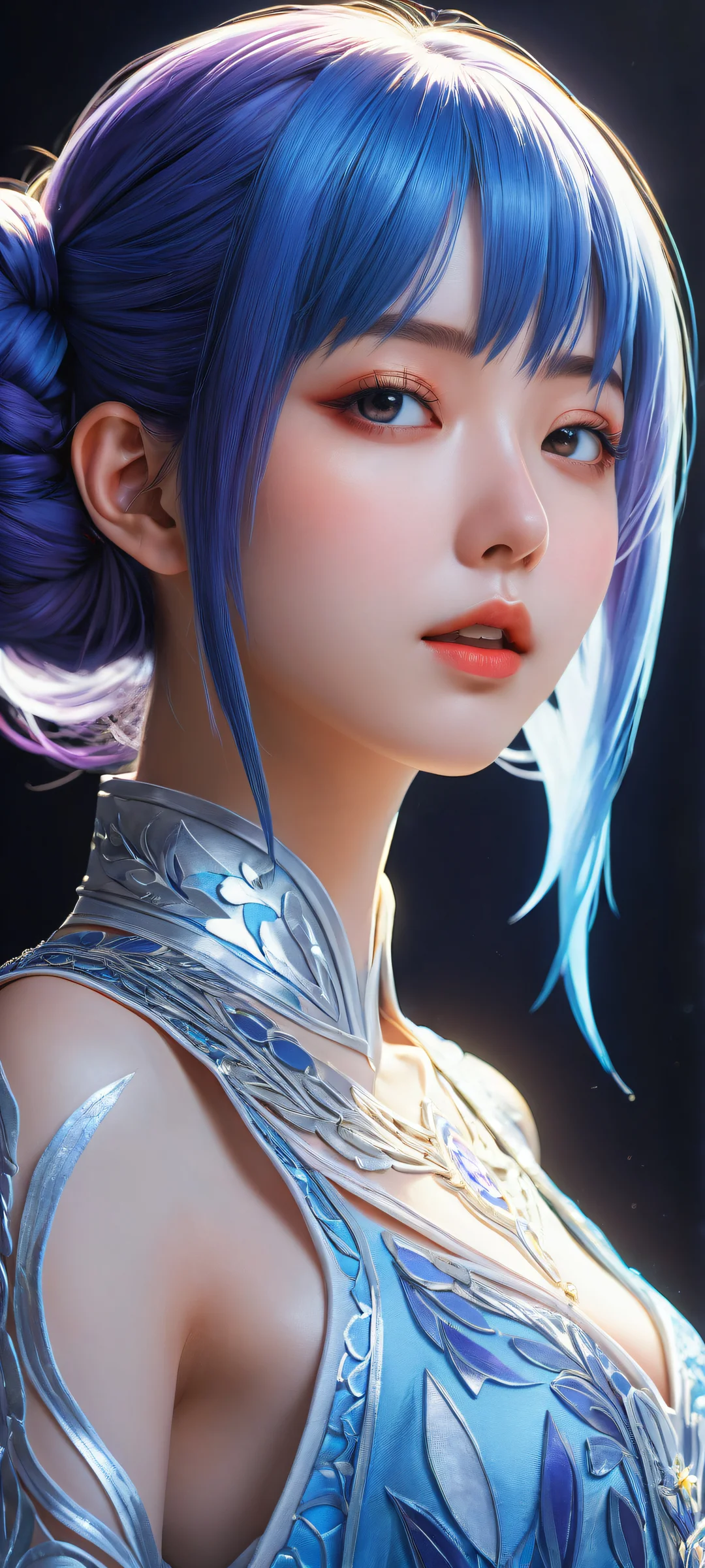 Anime girl singing with closed eyes, holding a microphone, on a pure void background with black contrast. Perfeitamente otimizado para telas iniciais de iPhone/Android.