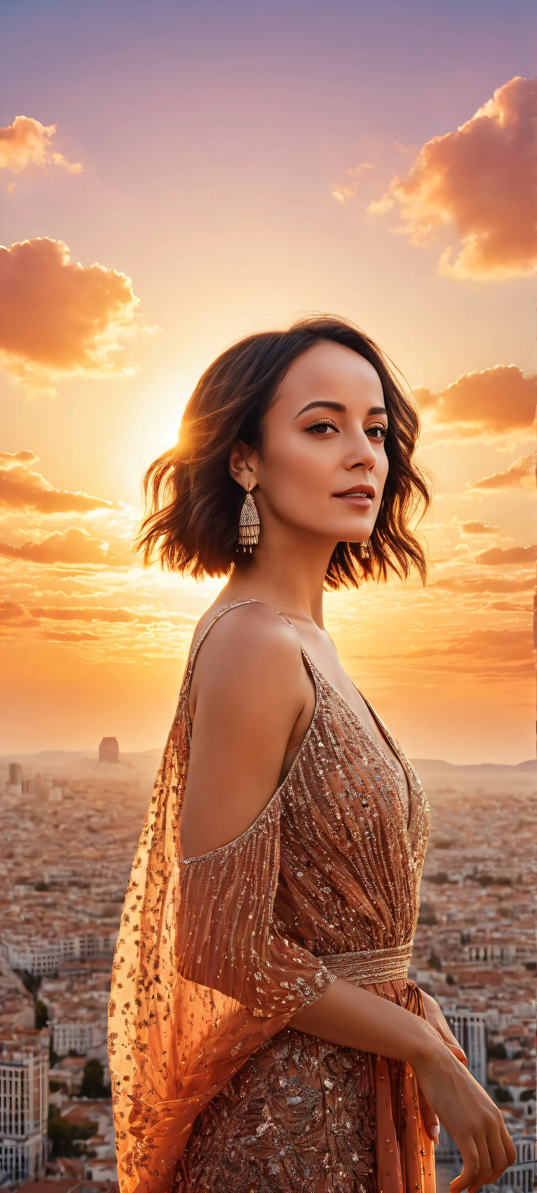 Stunning portrait of Alizee, French singer-songwriter, on iPhone/Android with intricate lyrics and vocal notes, against a breathtaking cityscape at sunset.