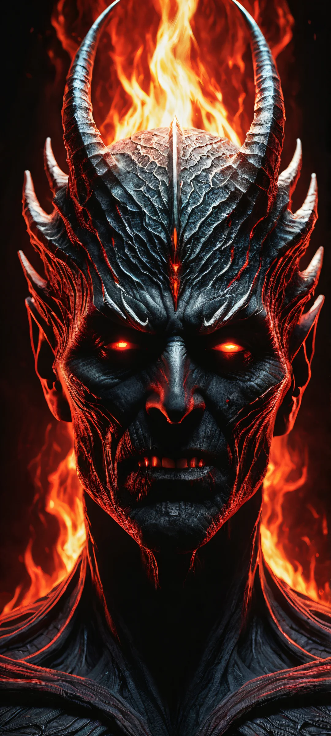 A demonic figure radiating malevolent energy on a black background, parfaitement optimisé pour les écrans d'accueil iPhone et Android.