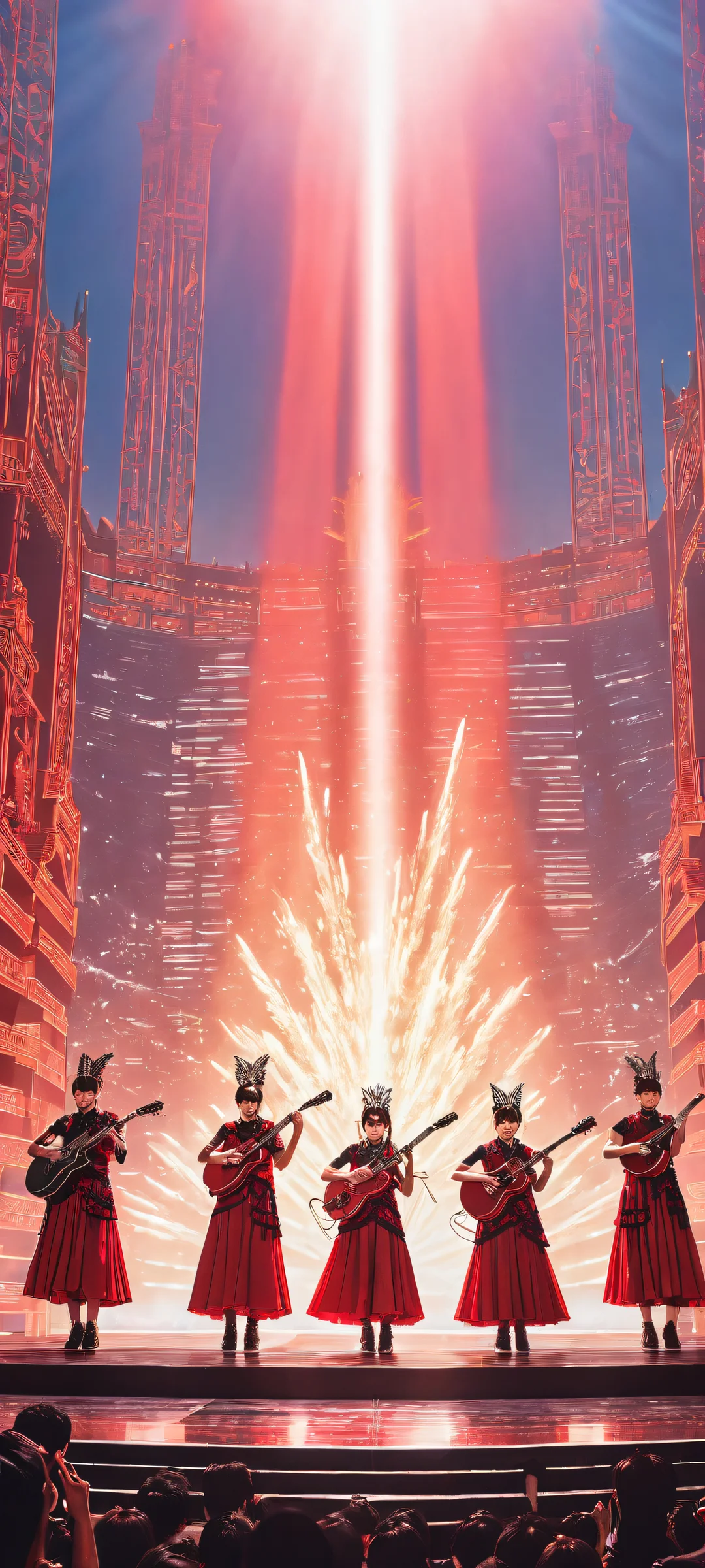 Energetic performance of Babymetal on an iPhone or Android device, with intricate stage props and Japanese pop culture details.