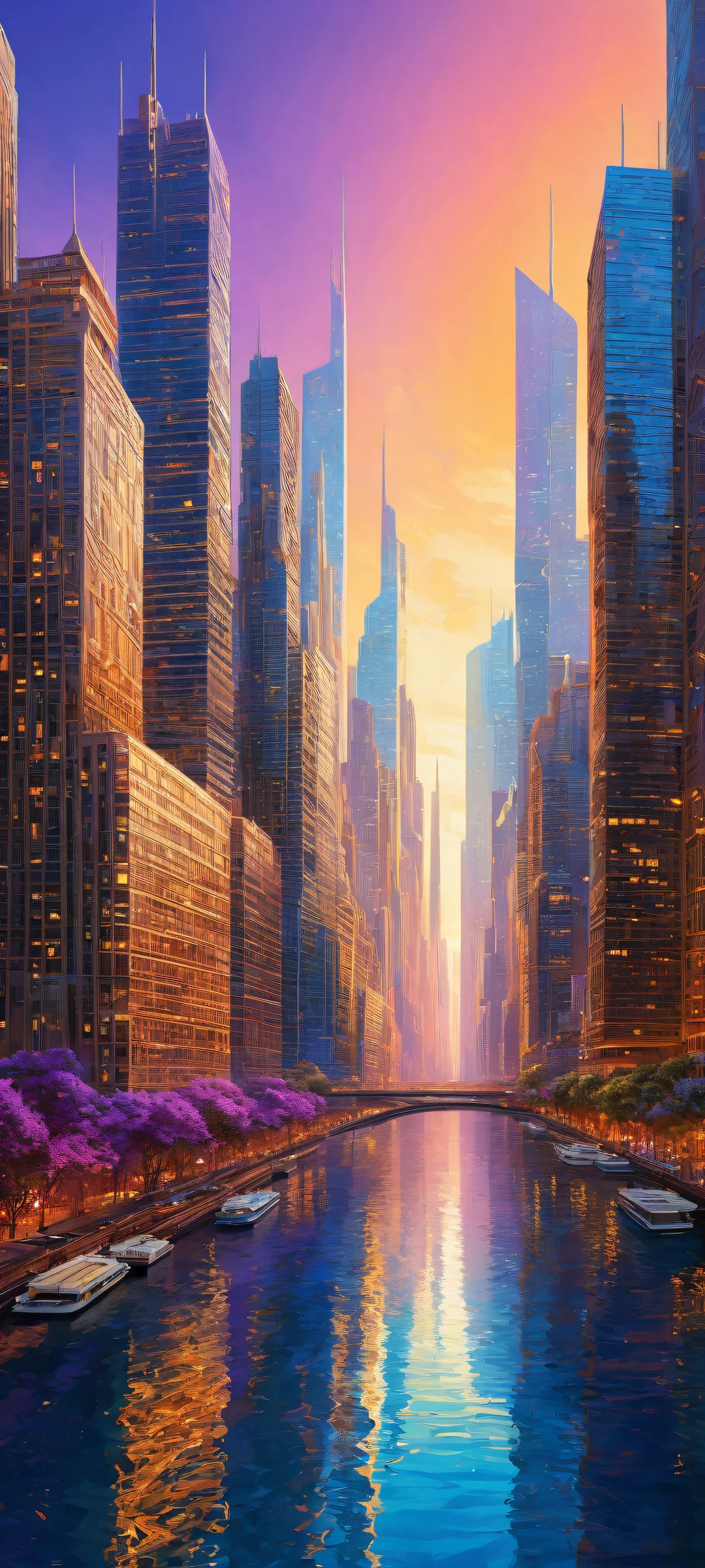 A futuristic cityscape on iPhone/Android with intricate details and radiant colors.
