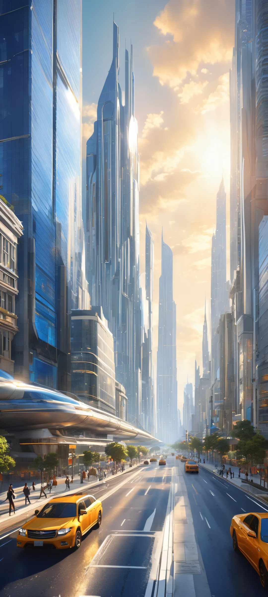 Award-winning digital art of a futuristic cityscape on iPhone/Android. Breathtaking vertical portrait with radiant lighting and vibrant colors.