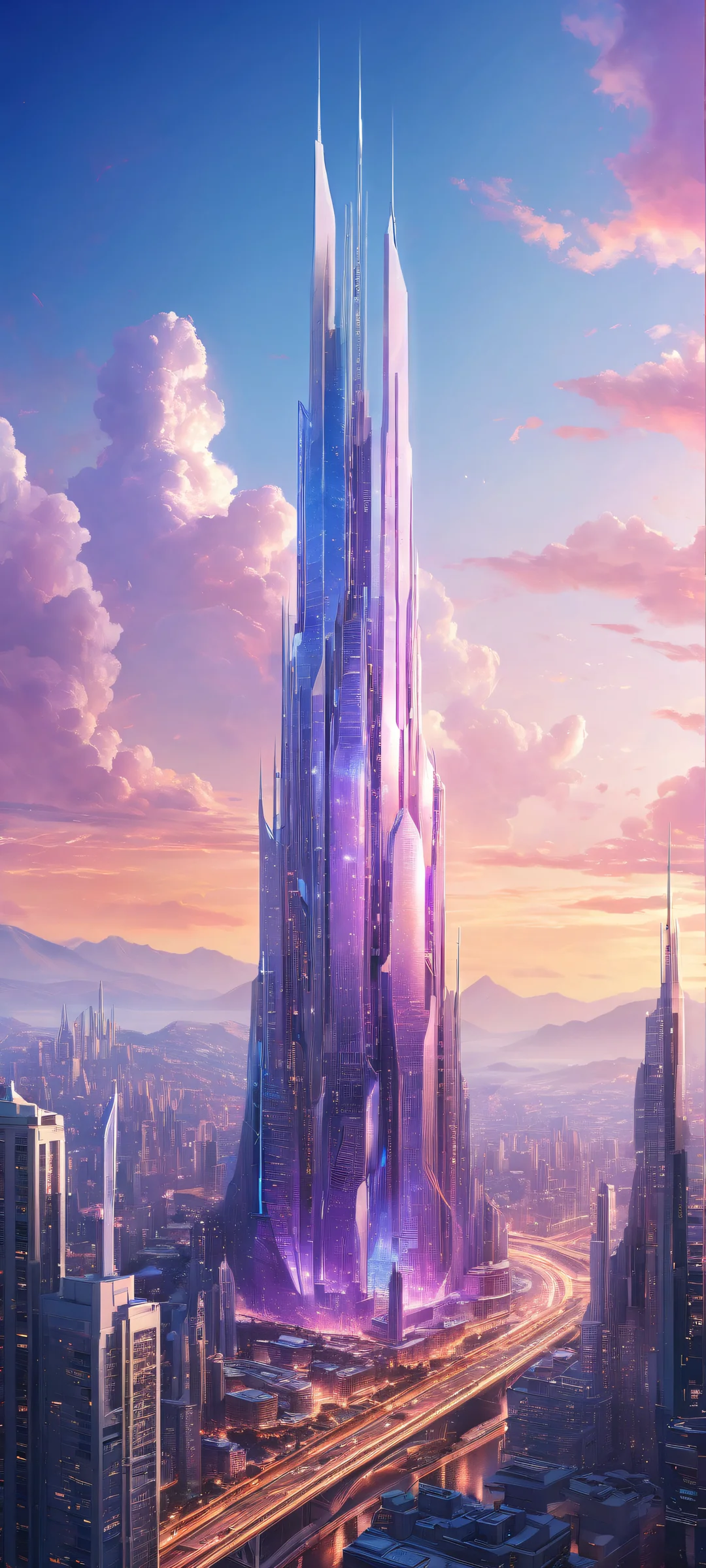 A futuristic cityscape on iPhone or Android with radiant reflections and crisp shadows, perfect for your mobile home screen.