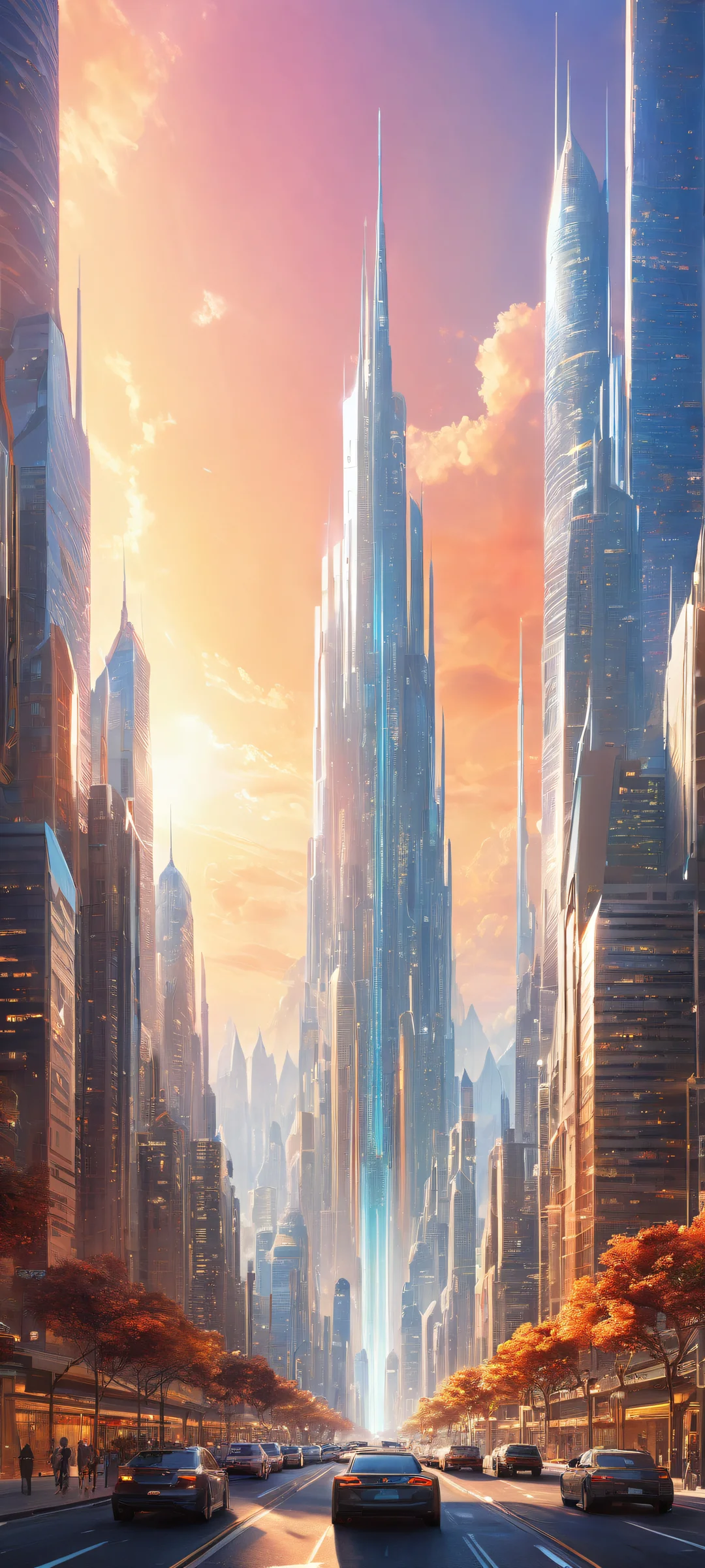 A futuristic cityscape on iPhone/Android with intricate details and a pure void background, perfect for home screens.