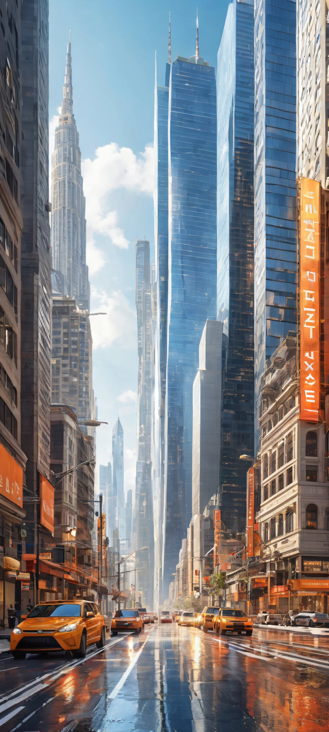 A futuristic cityscape on iPhone/Android with intricate details and radiant colors.