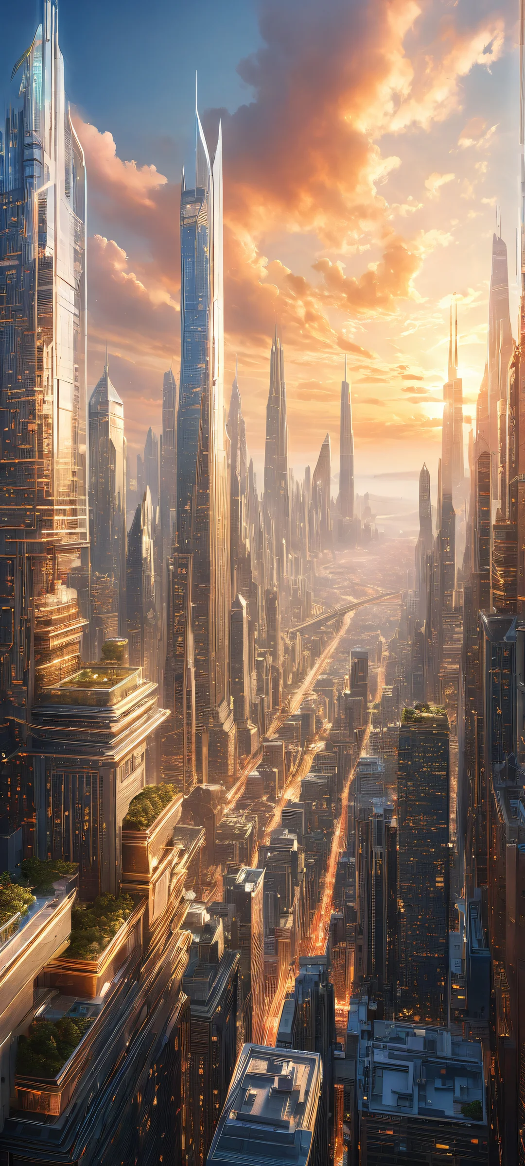 A futuristic cityscape on iPhone/Android with precision-engineered architecture and gleaming skyscrapers, 広大な純粋な虚空を背景に.