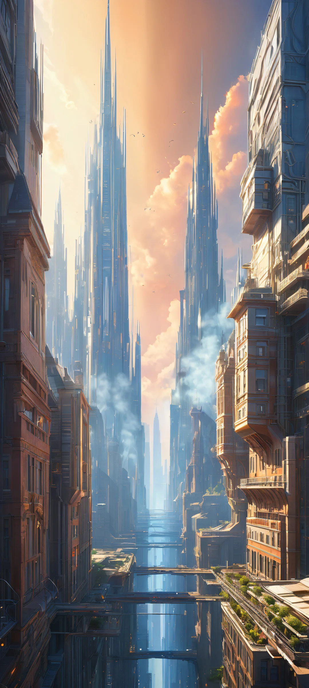 A futuristic cityscape with intricate details and epic smoke effects on an iPhone or Android phone.