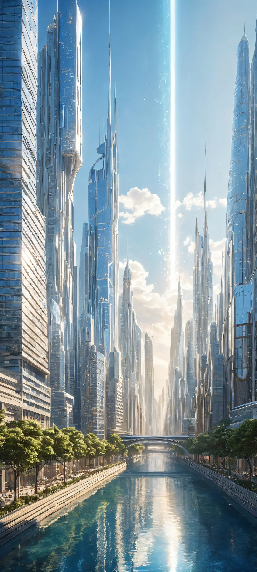 A futuristic cityscape on iPhone/Android with intricate details and ethereal lighting.