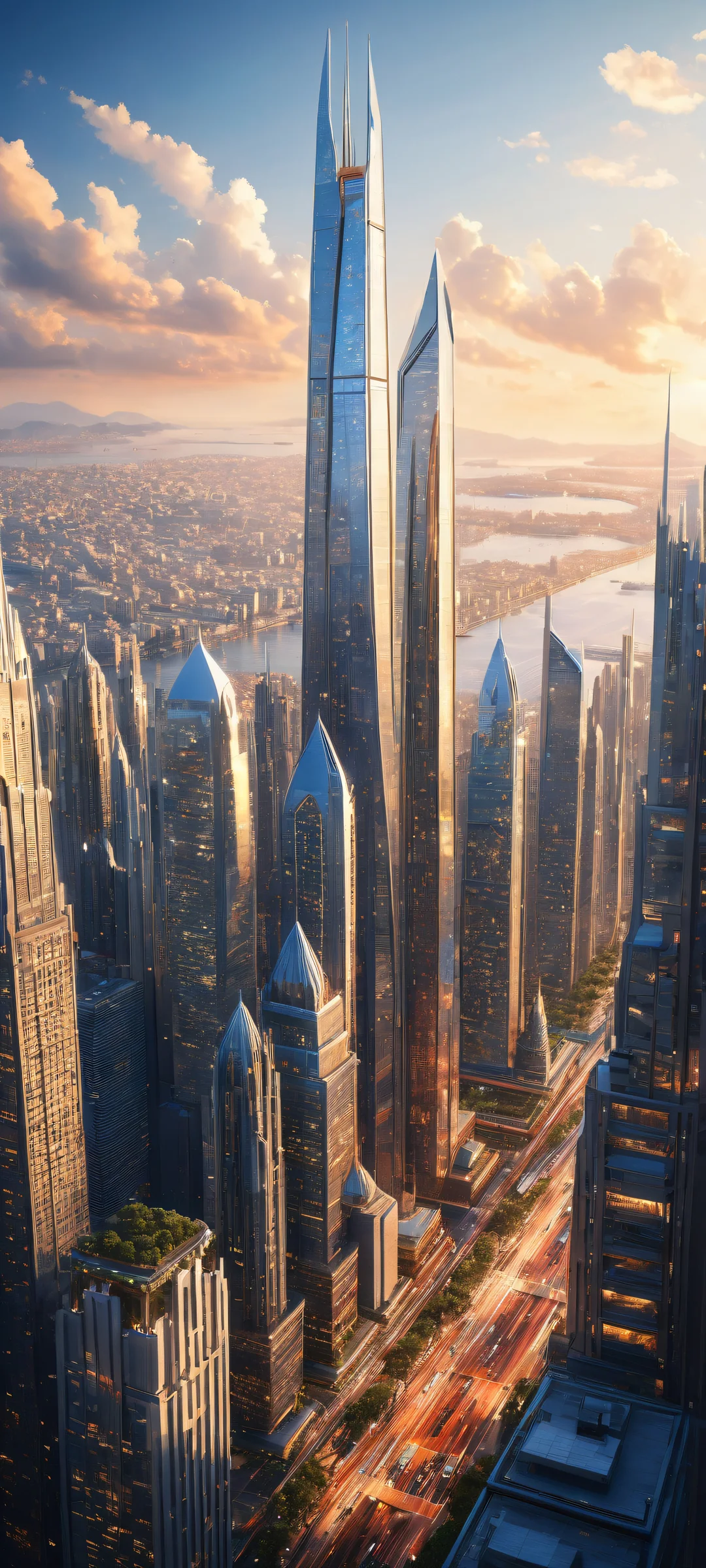 iPhone/Android wallpaper featuring an award-winning digital artwork of a futuristic cityscape with intricate micro-details, ethereal lighting, and radiant colors.