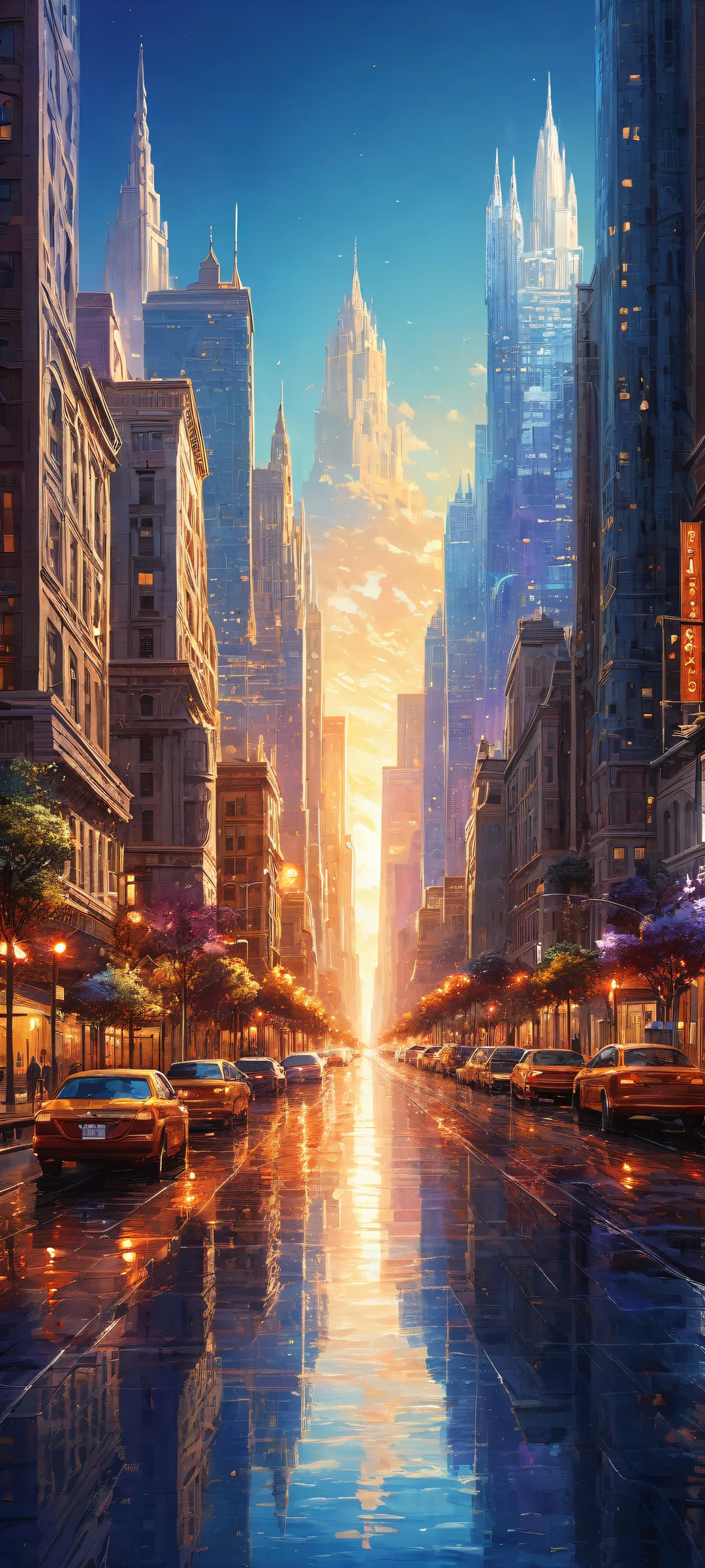 A majestic cityscape on an iPhone/Android with intricate details and ethereal lighting.