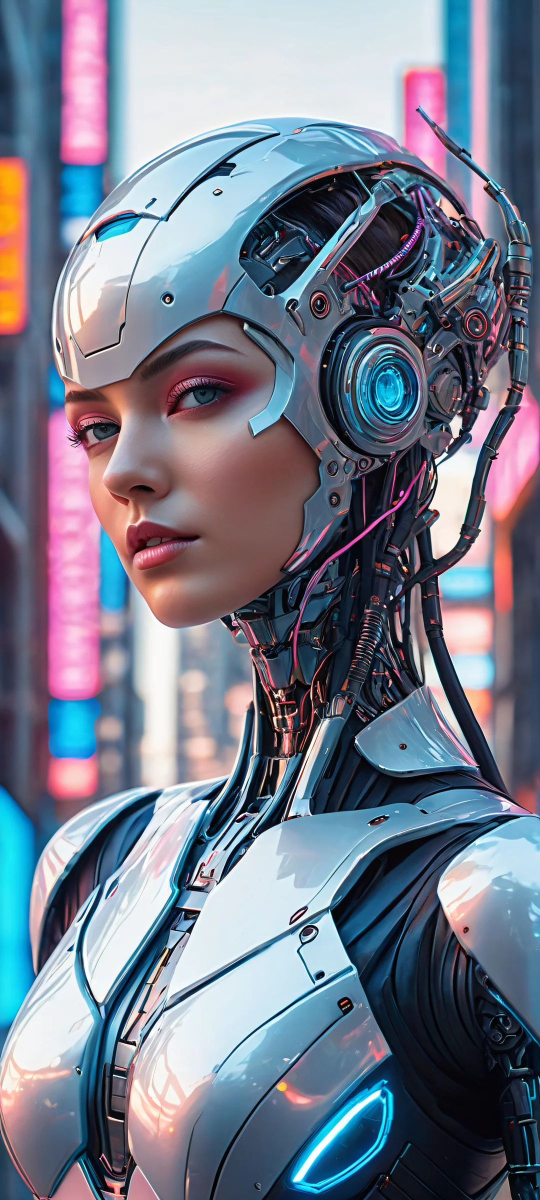 A futuristic robot girl against the backdrop of a mesmerizing cityscape at sunset on an iPhone/Android phone.
